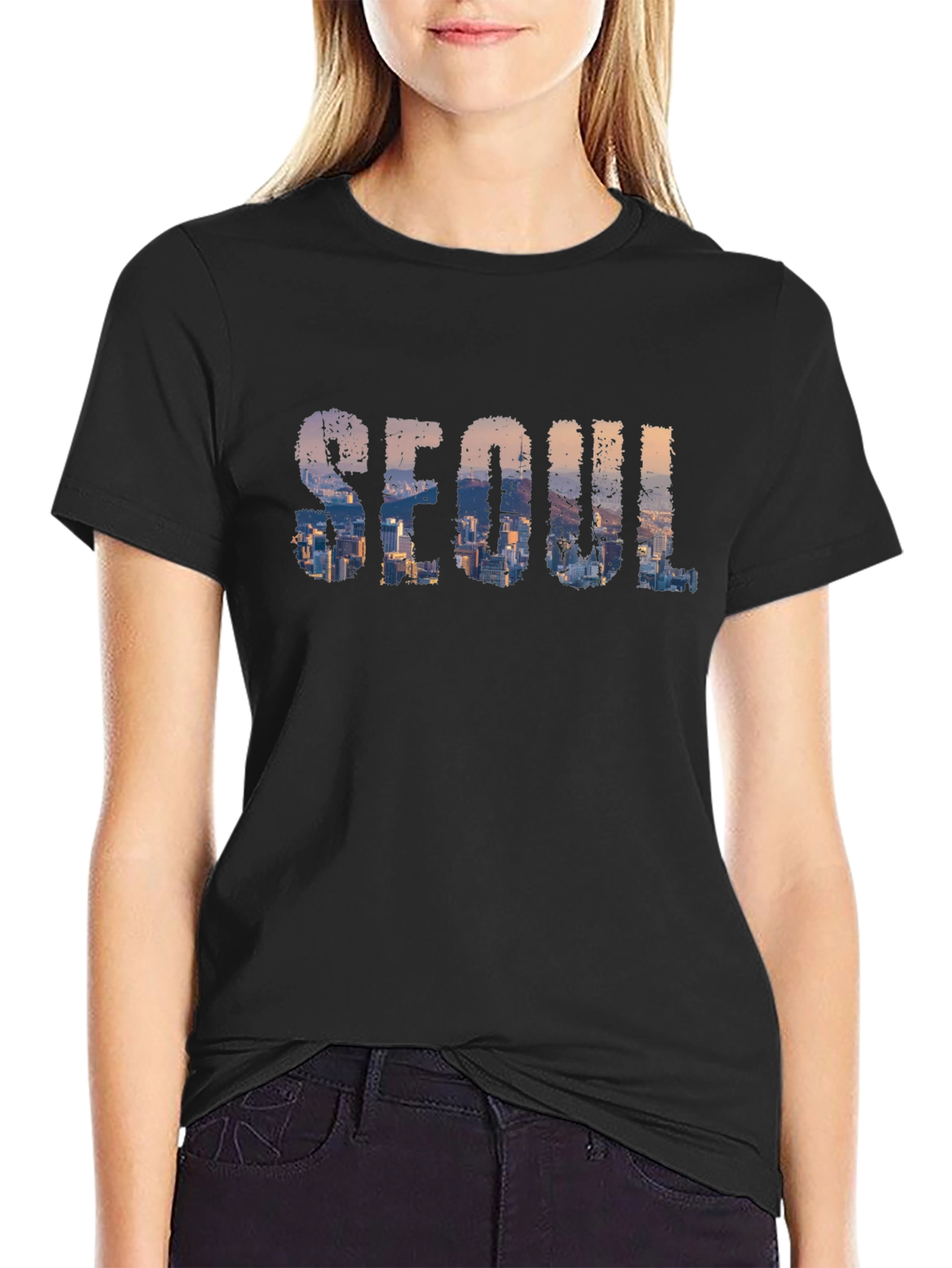 Seoul Skyline Graphic Print Black T-Shirt