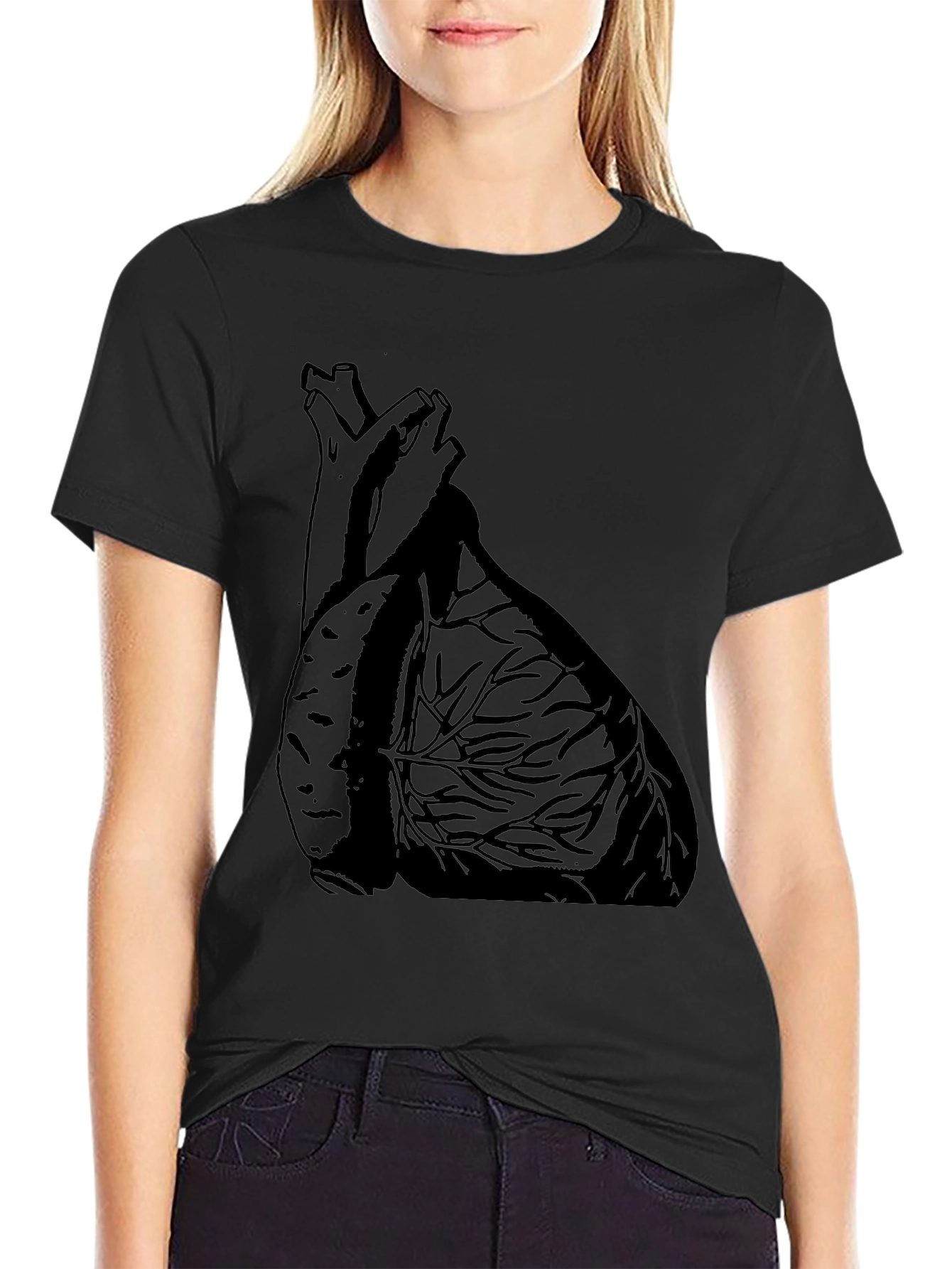 Anatomical Heart Graphic Tee - Black Cotton Casual T-Shirt