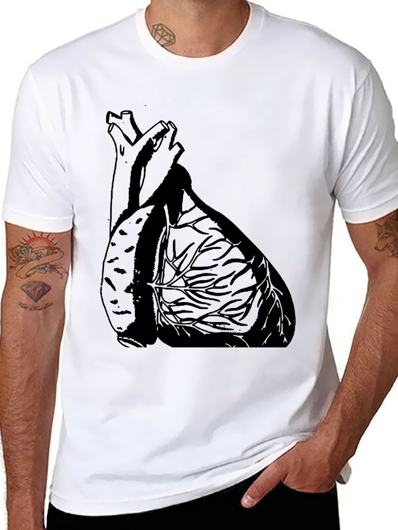 Anatomical Heart Graphic Tee - Black Cotton Casual T-Shirt