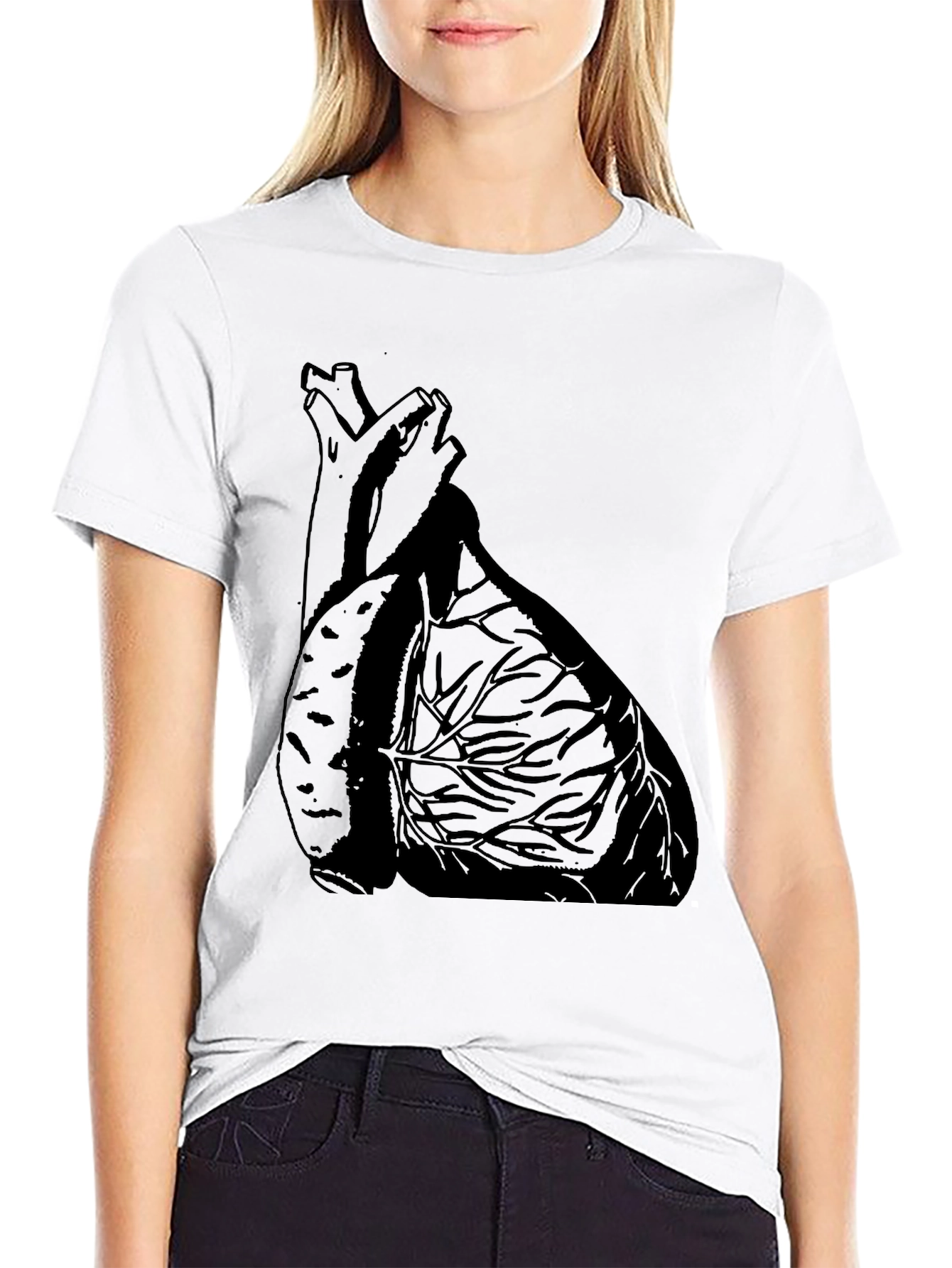Anatomical Heart Graphic Tee - Black Cotton Casual T-Shirt