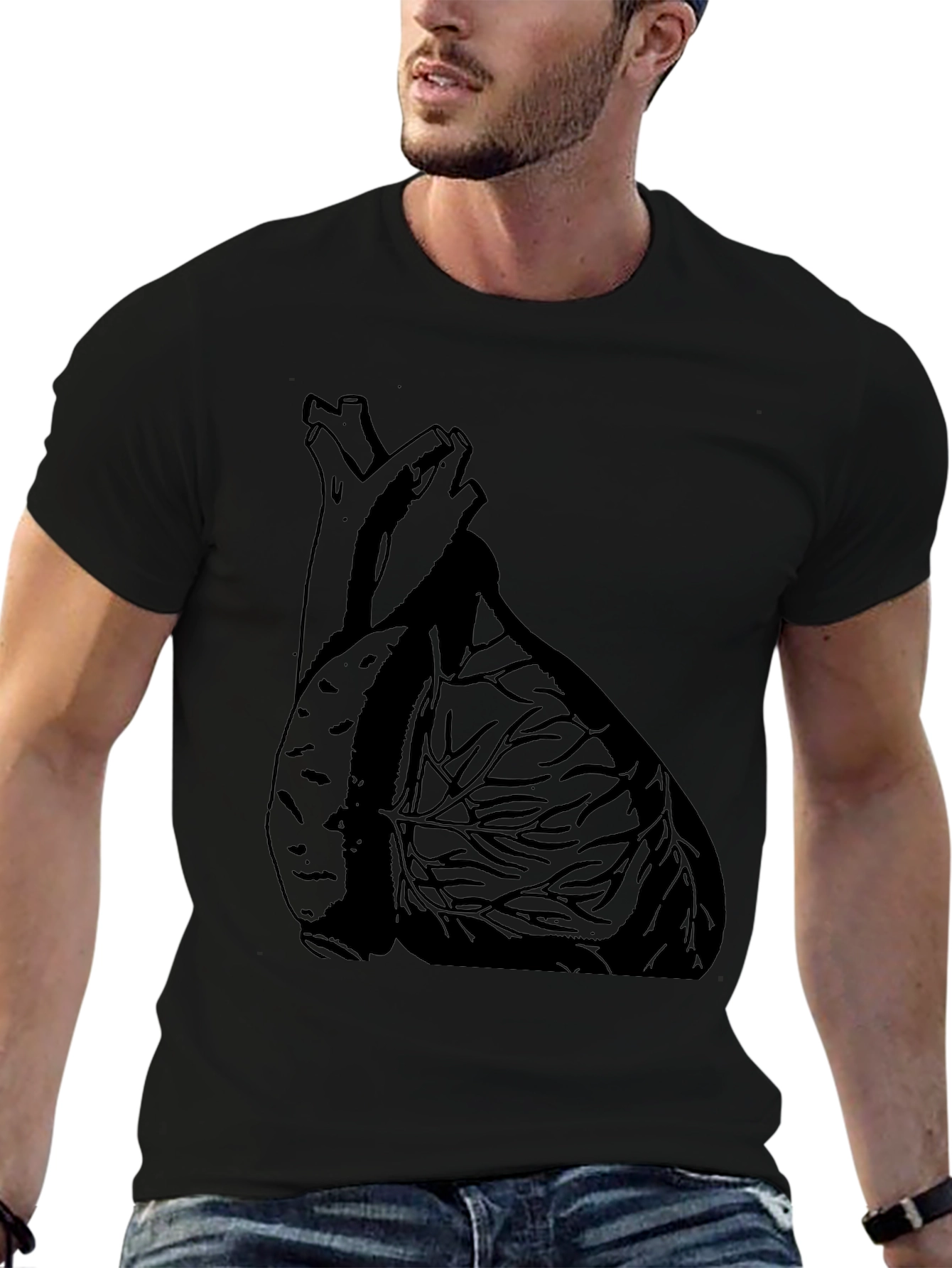 Anatomical Heart Graphic Tee - Black Cotton Casual T-Shirt