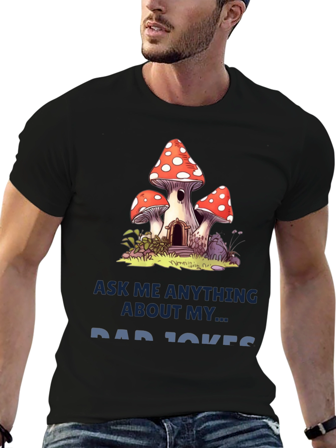Dad Jokes T-Shirt with Mushroom House Graphic