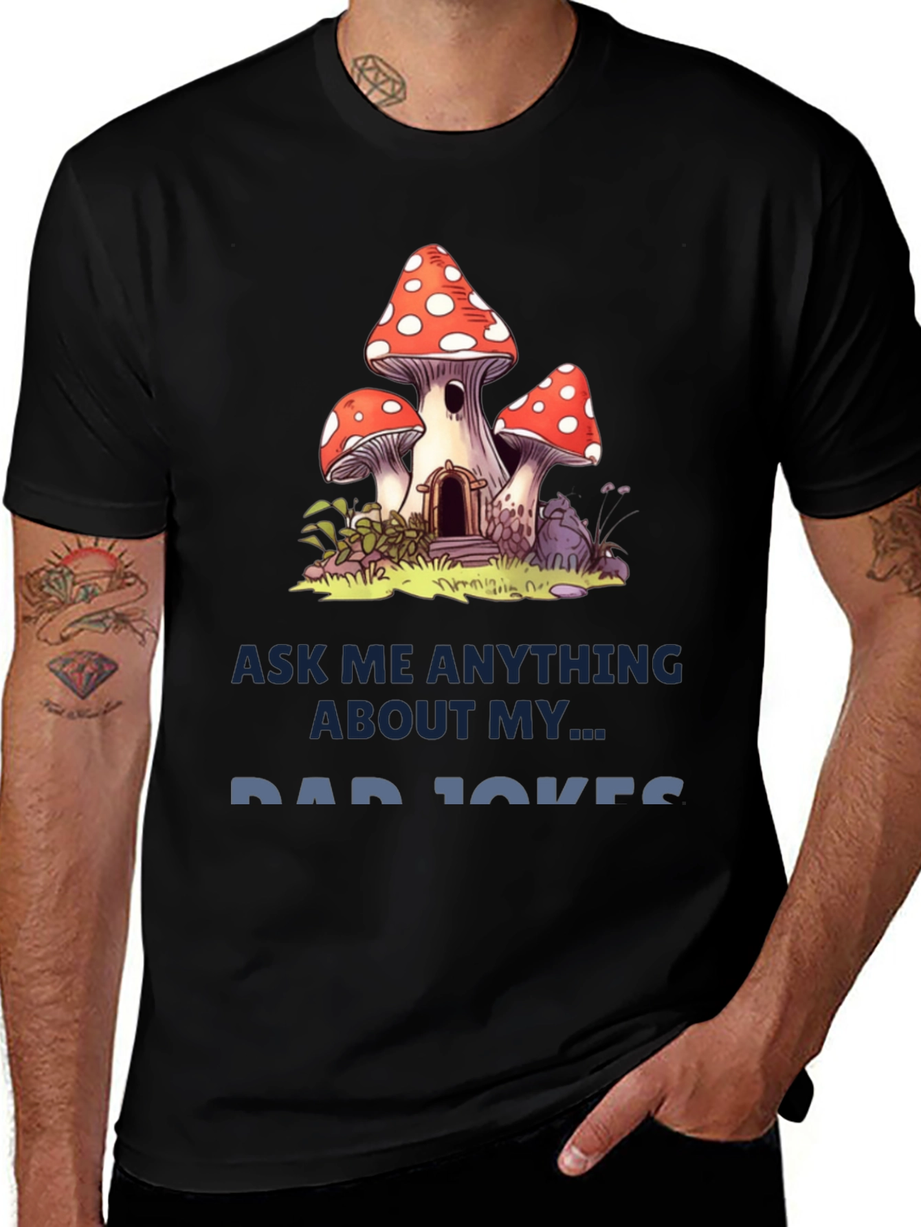 Dad Jokes T-Shirt with Mushroom House Graphic