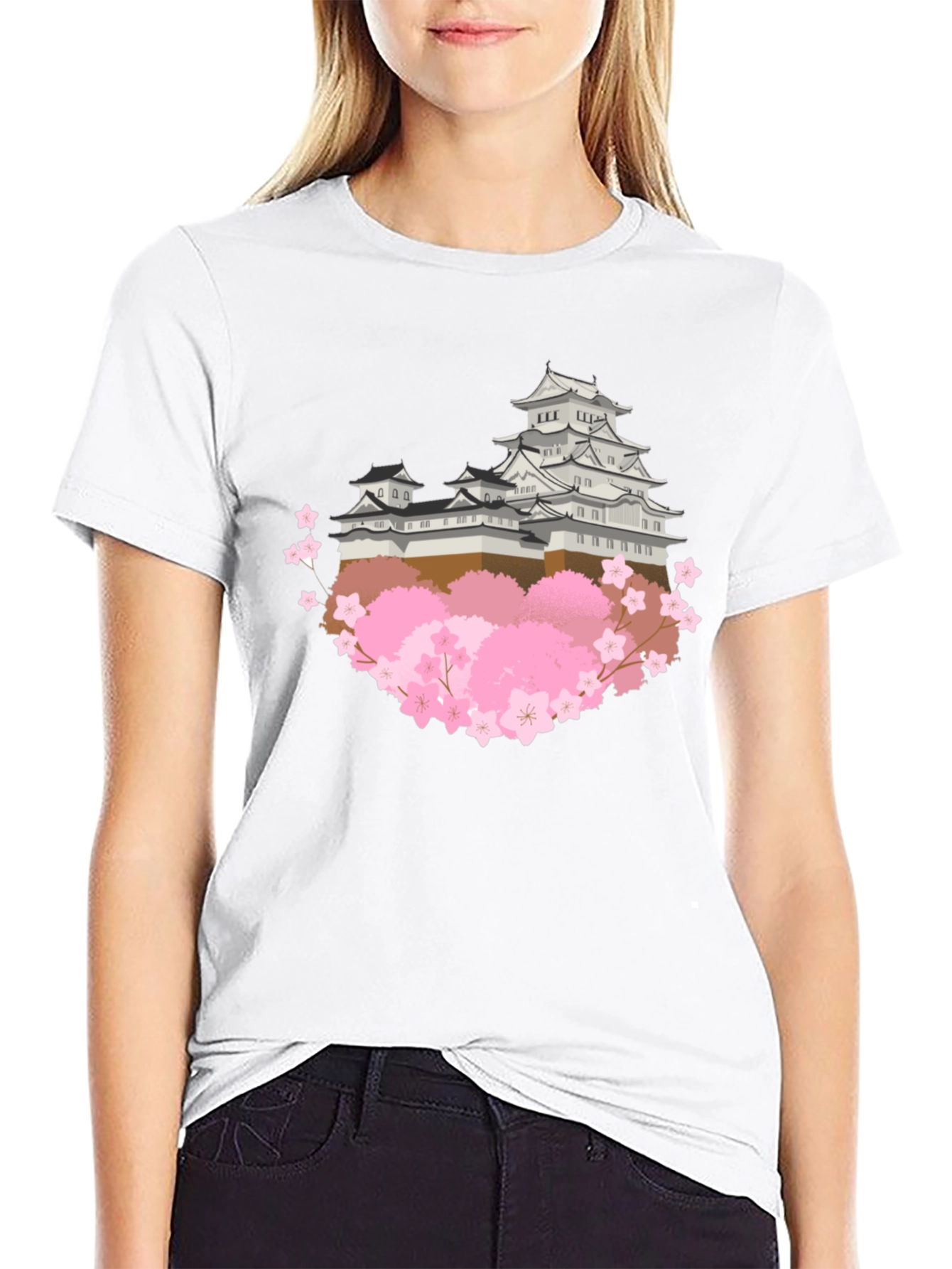 Japanese Castle & Cherry Blossom Graphic T-Shirt