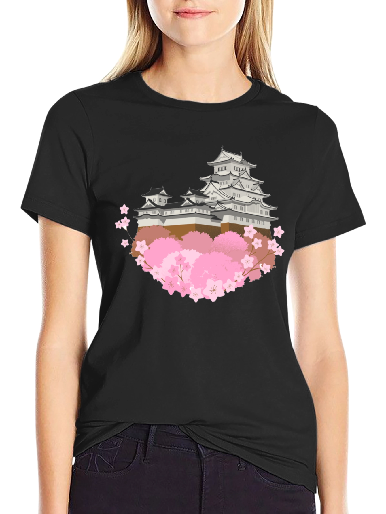 Japanese Castle & Cherry Blossom Graphic T-Shirt