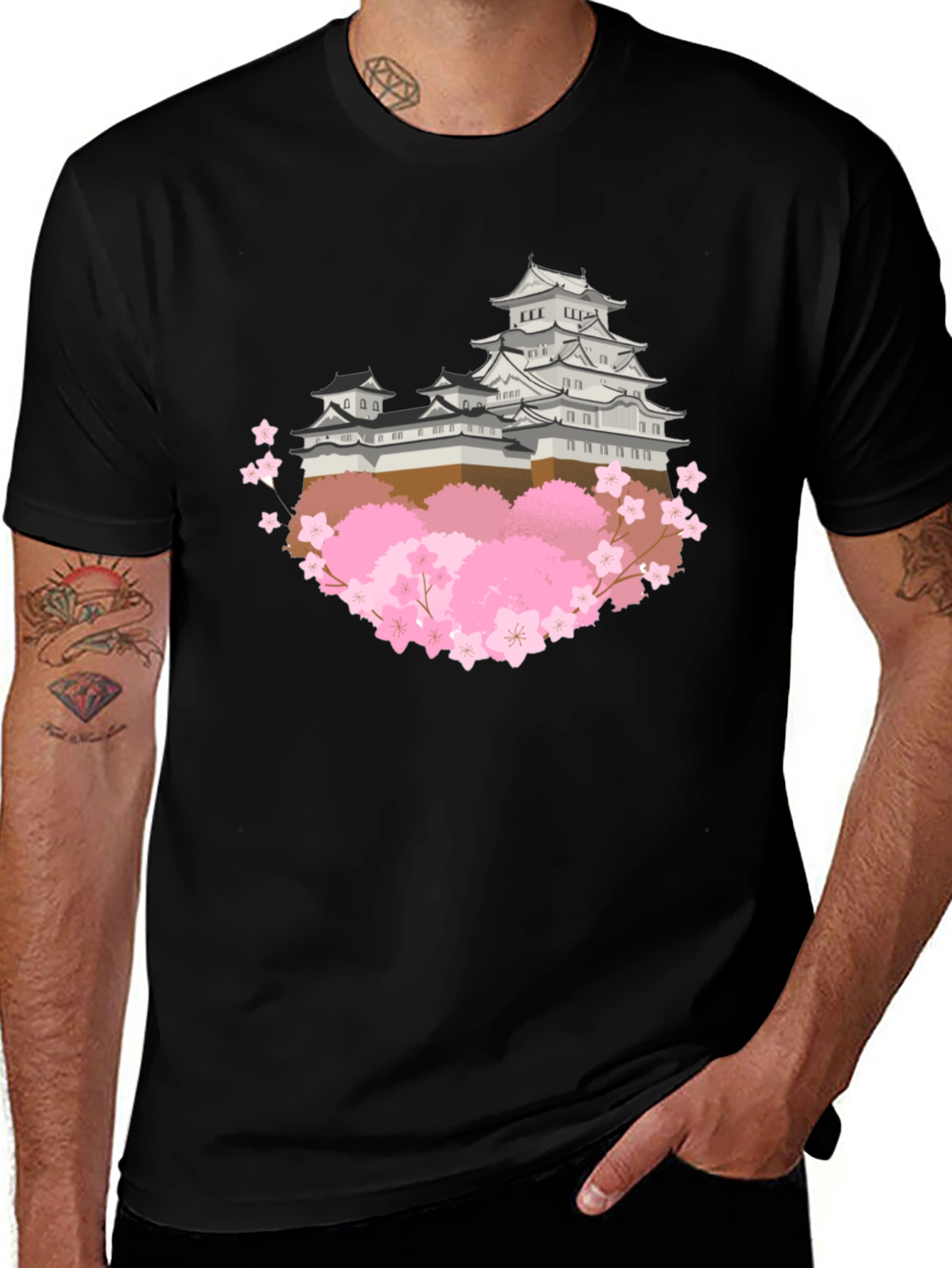 Japanese Castle & Cherry Blossom Graphic T-Shirt