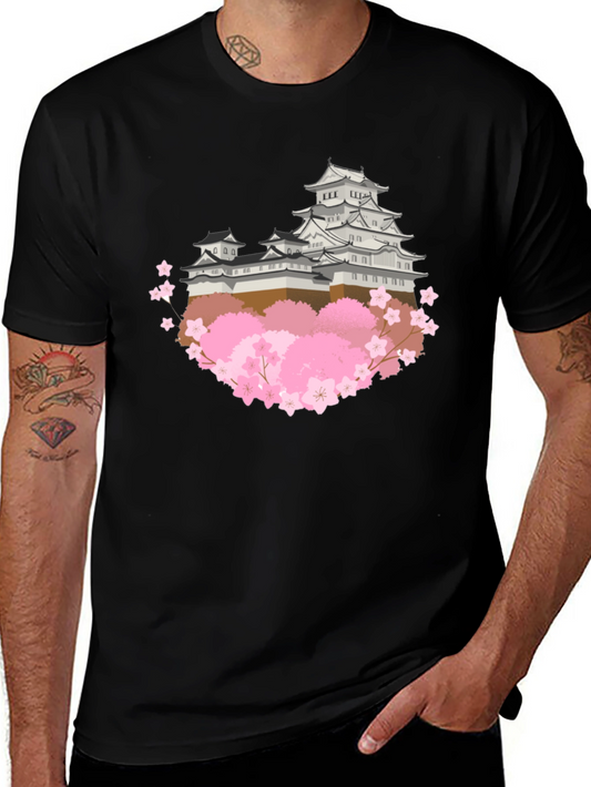 Japanese Castle & Cherry Blossom Graphic T-Shirt
