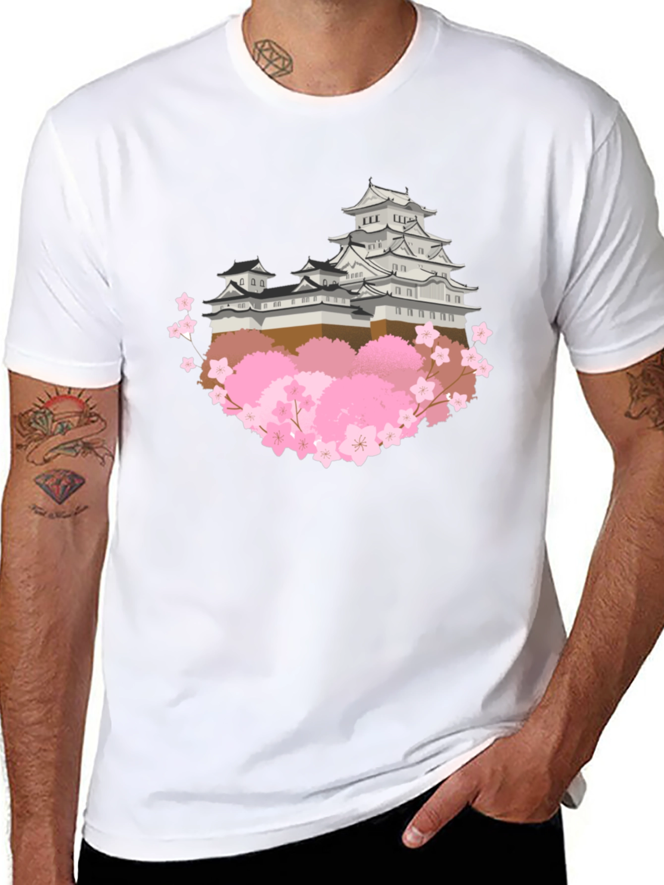 Japanese Castle & Cherry Blossom Graphic T-Shirt
