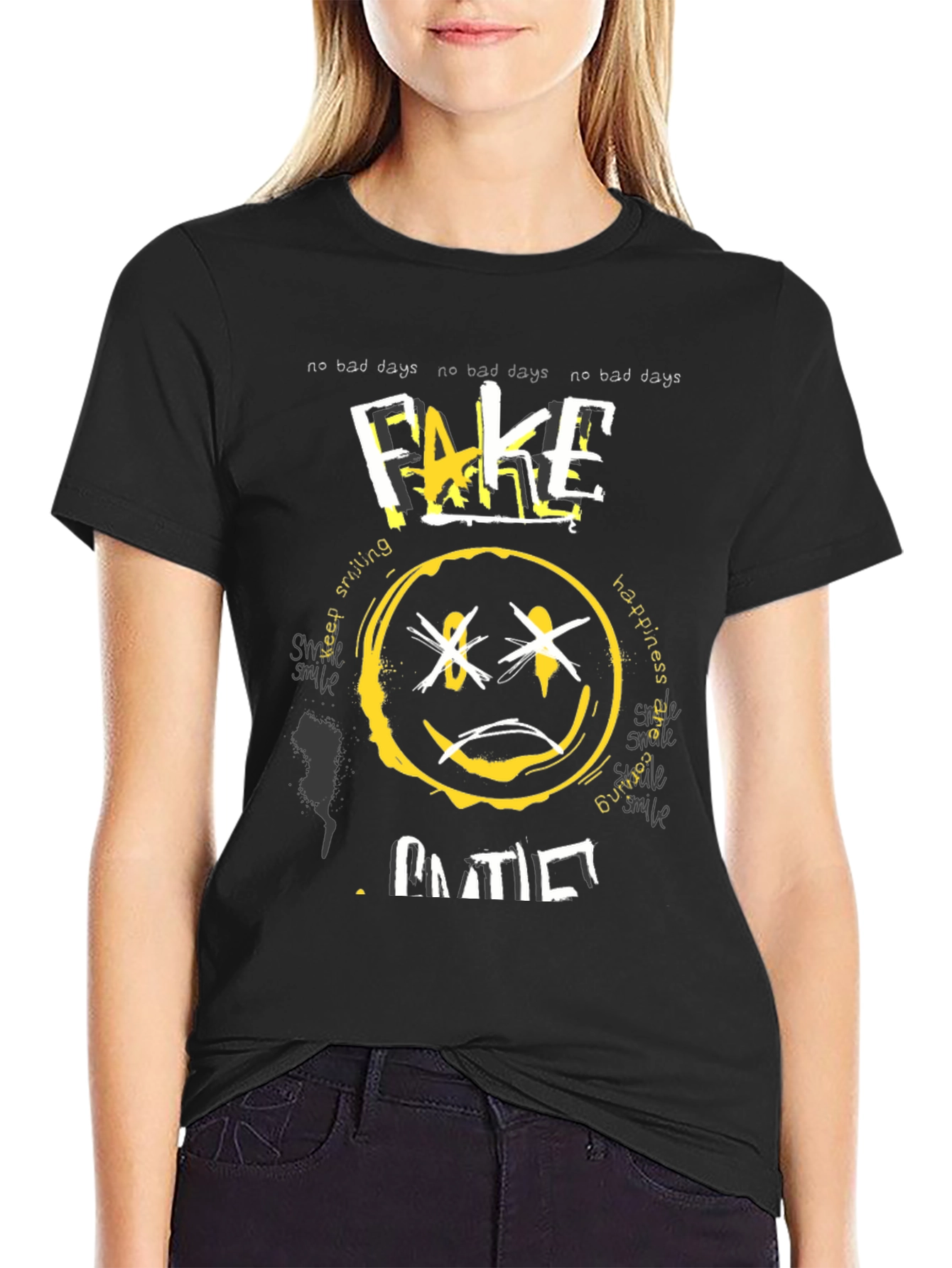 Fake Smile Graphic Black T-Shirt