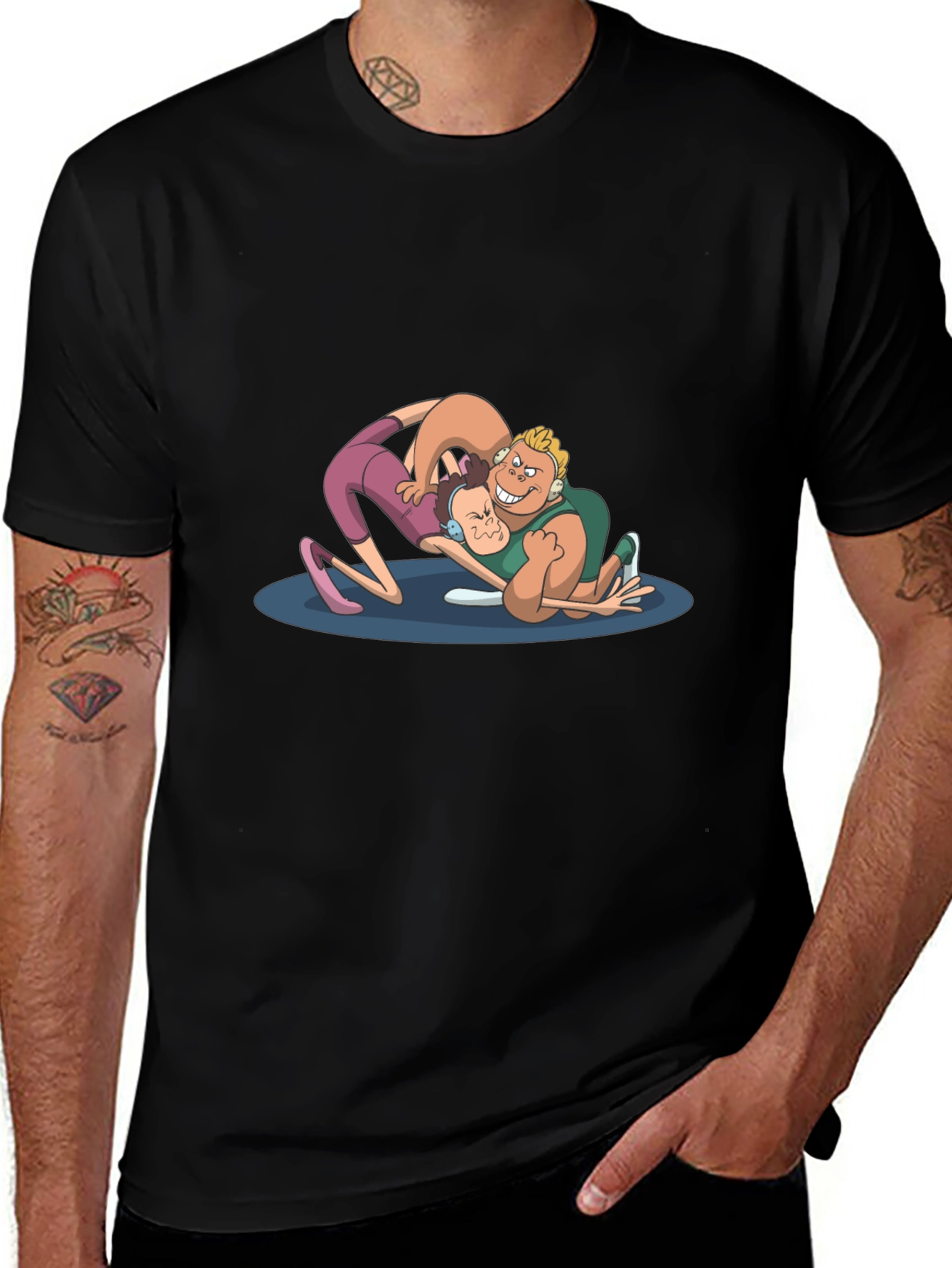 Wrestling Cartoon Graphic Black T-Shirt