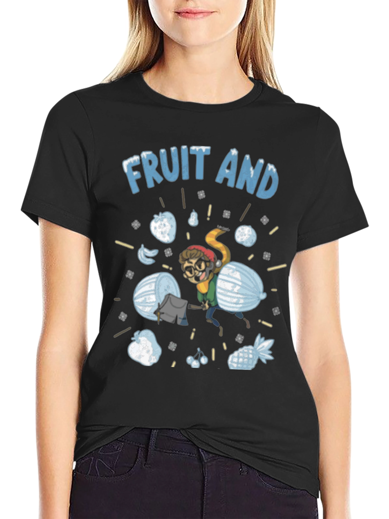 Fruit And Snow Graphic Black T-Shirt