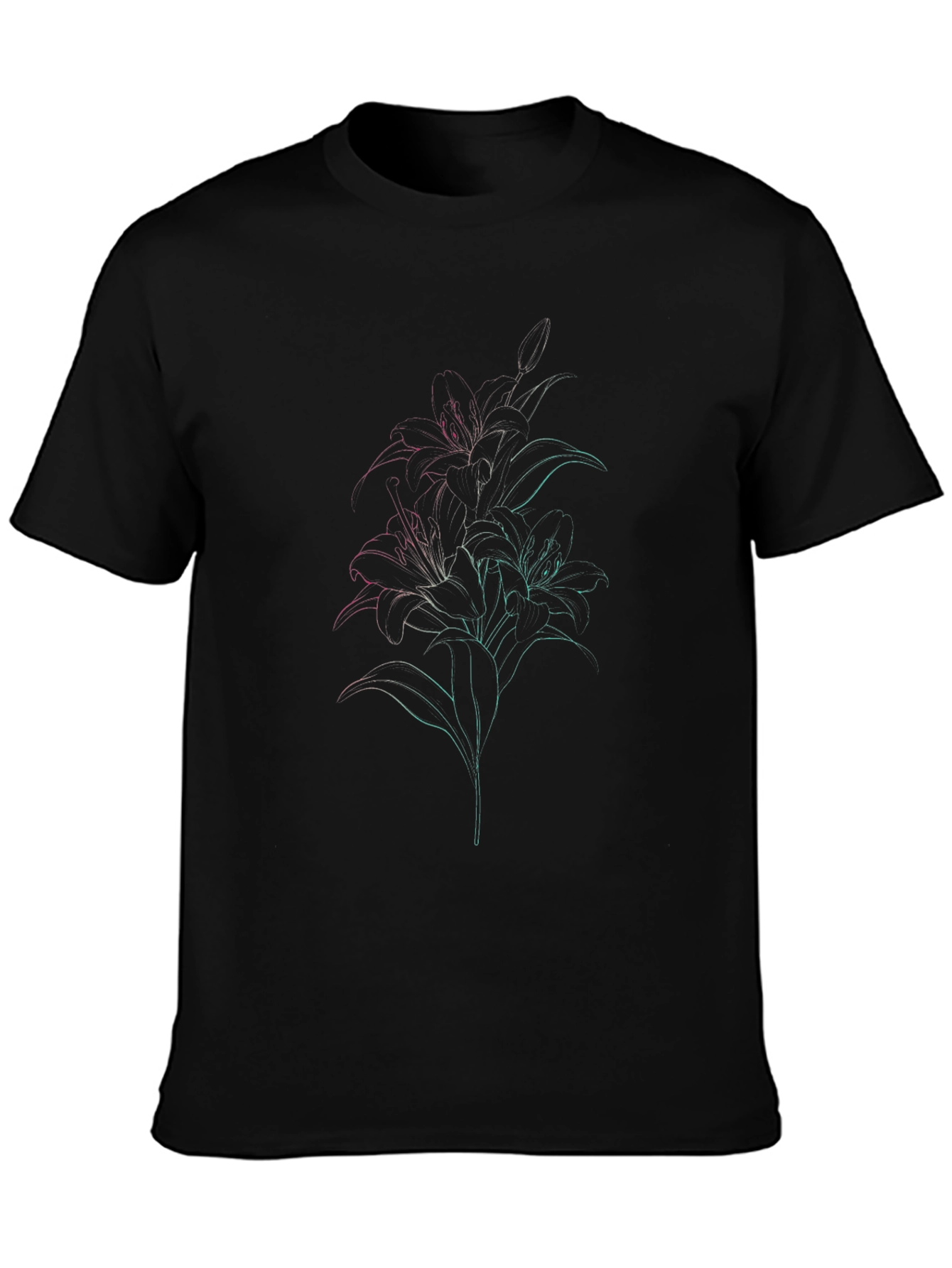 Black T-Shirt with Floral Outline Design