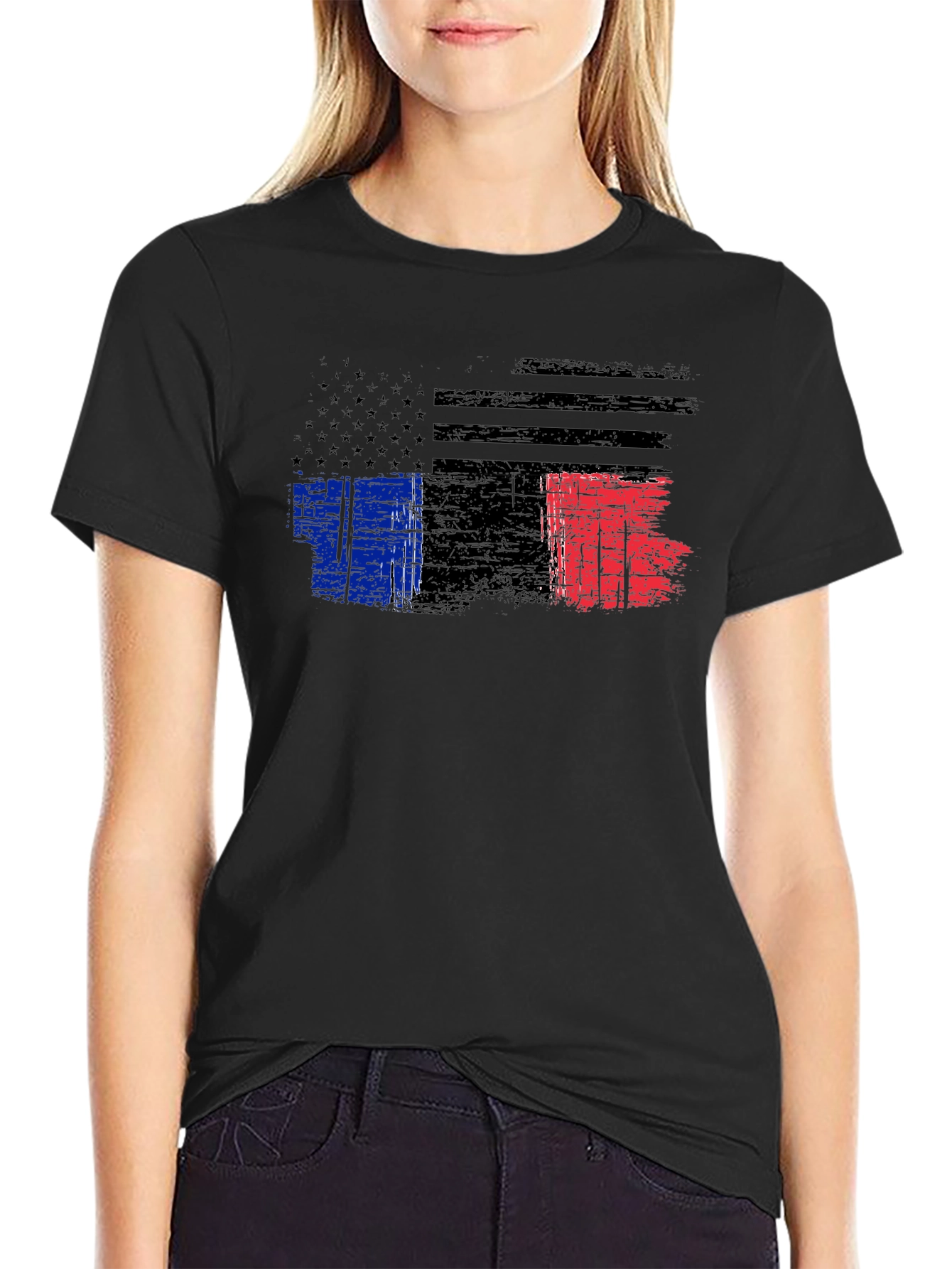 Distressed American France Flag Graphic T-Shirt