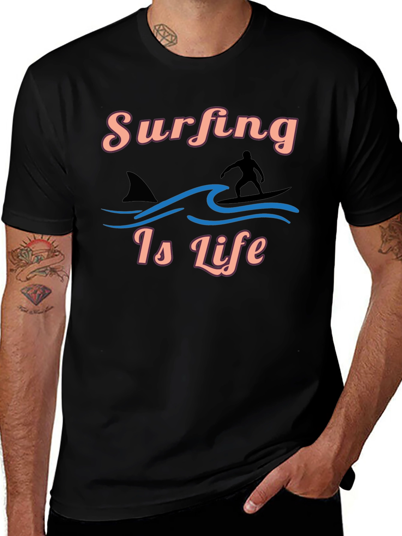 Surfing Is Life Black Graphic Tee
