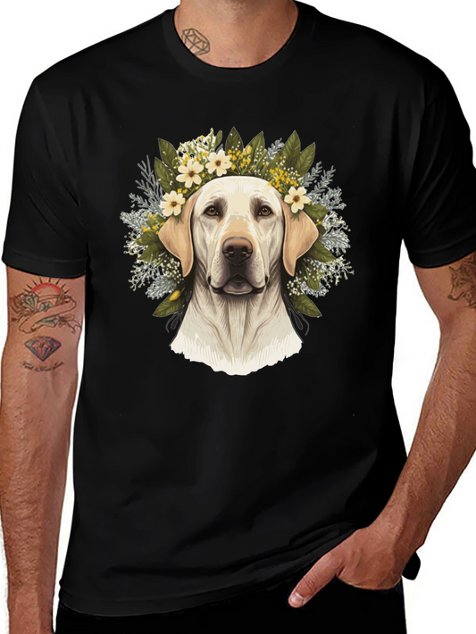Dog With Floral Wreath Black T-Shirt