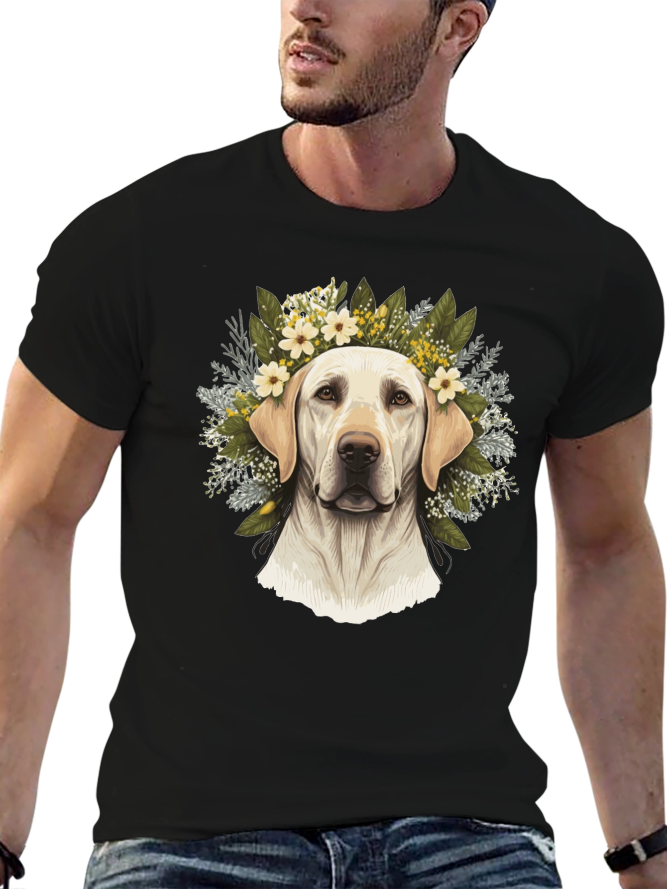 Dog With Floral Wreath Black T-Shirt