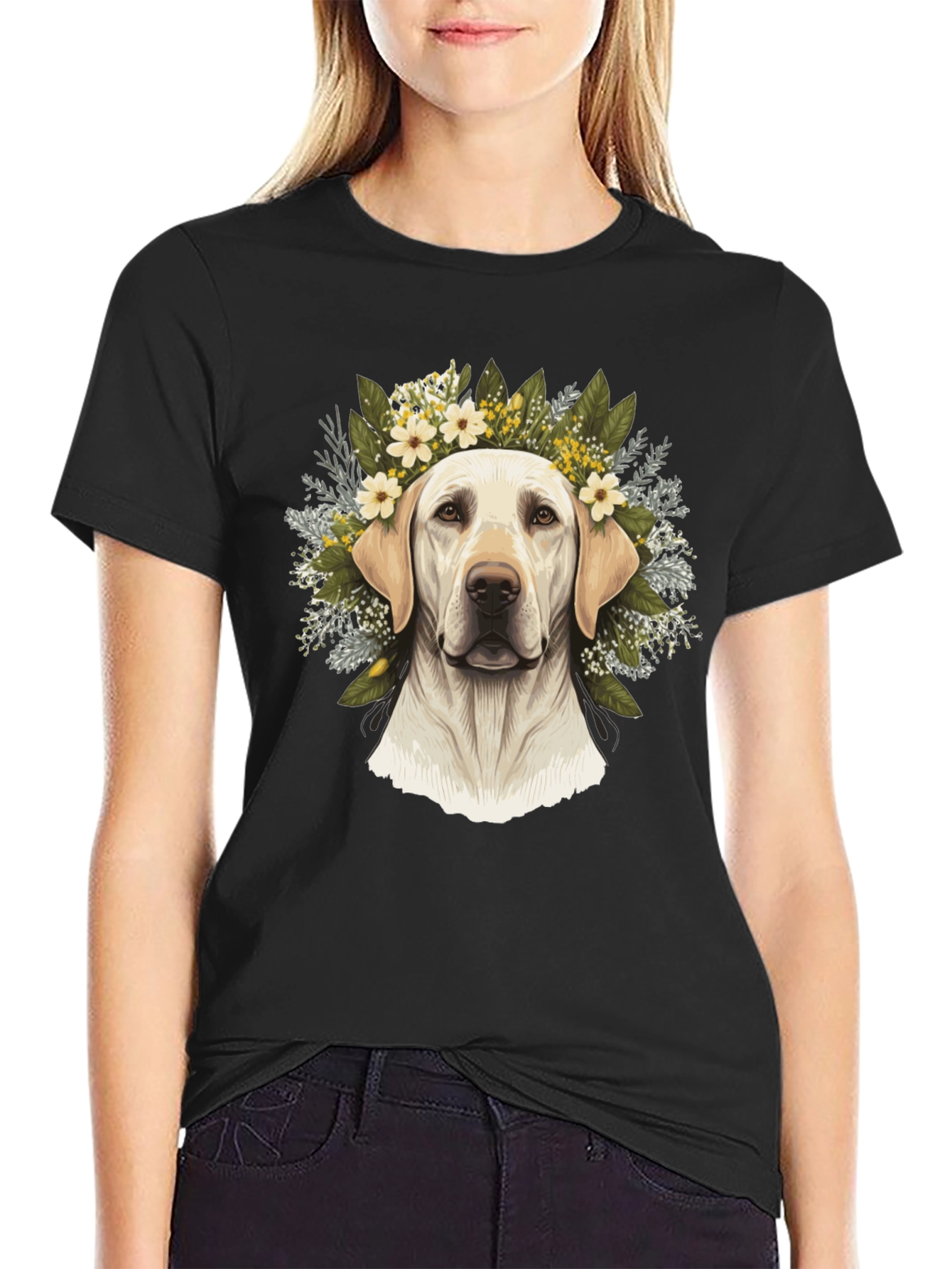 Dog With Floral Wreath Black T-Shirt