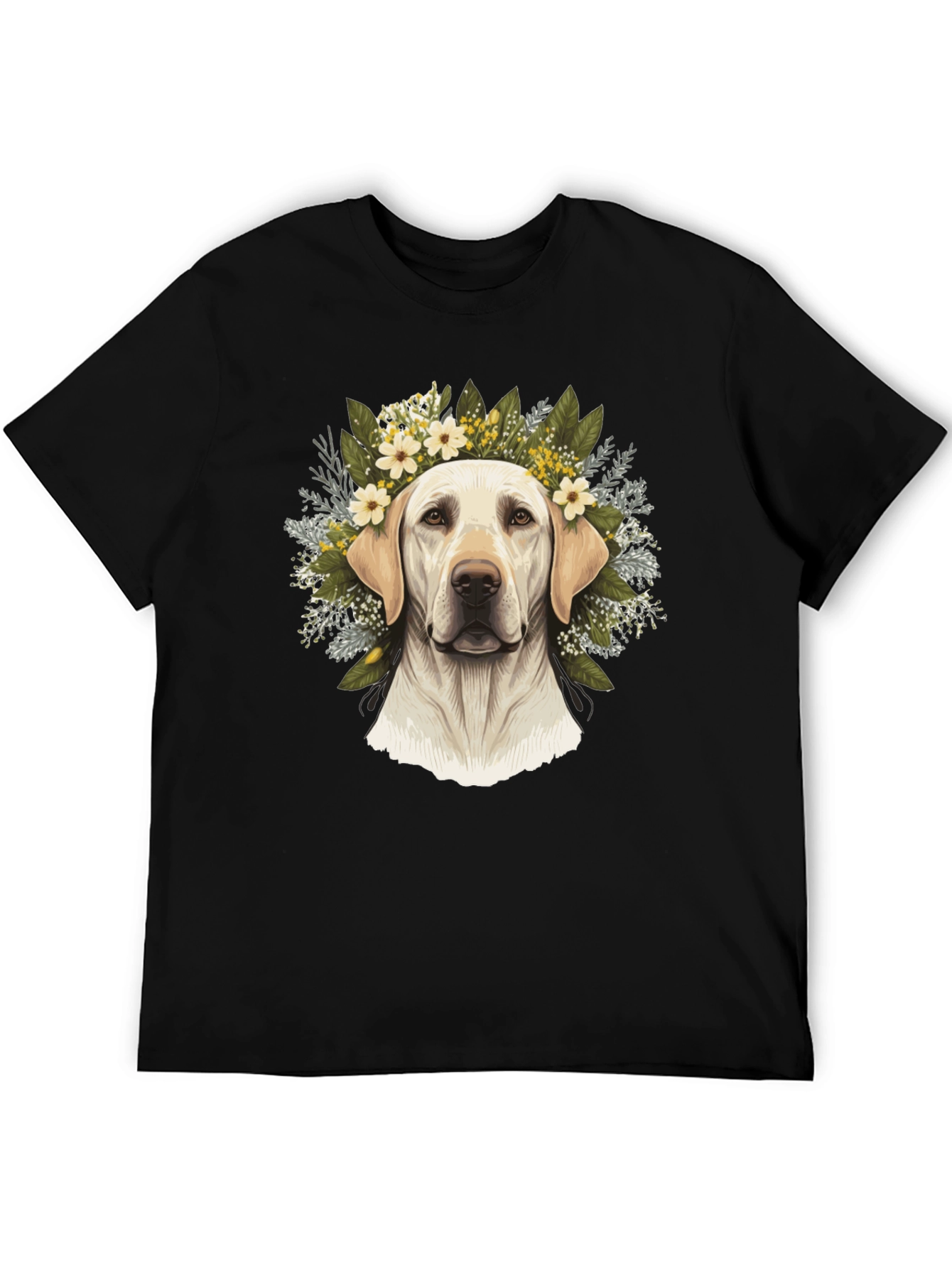 Dog With Floral Wreath Black T-Shirt