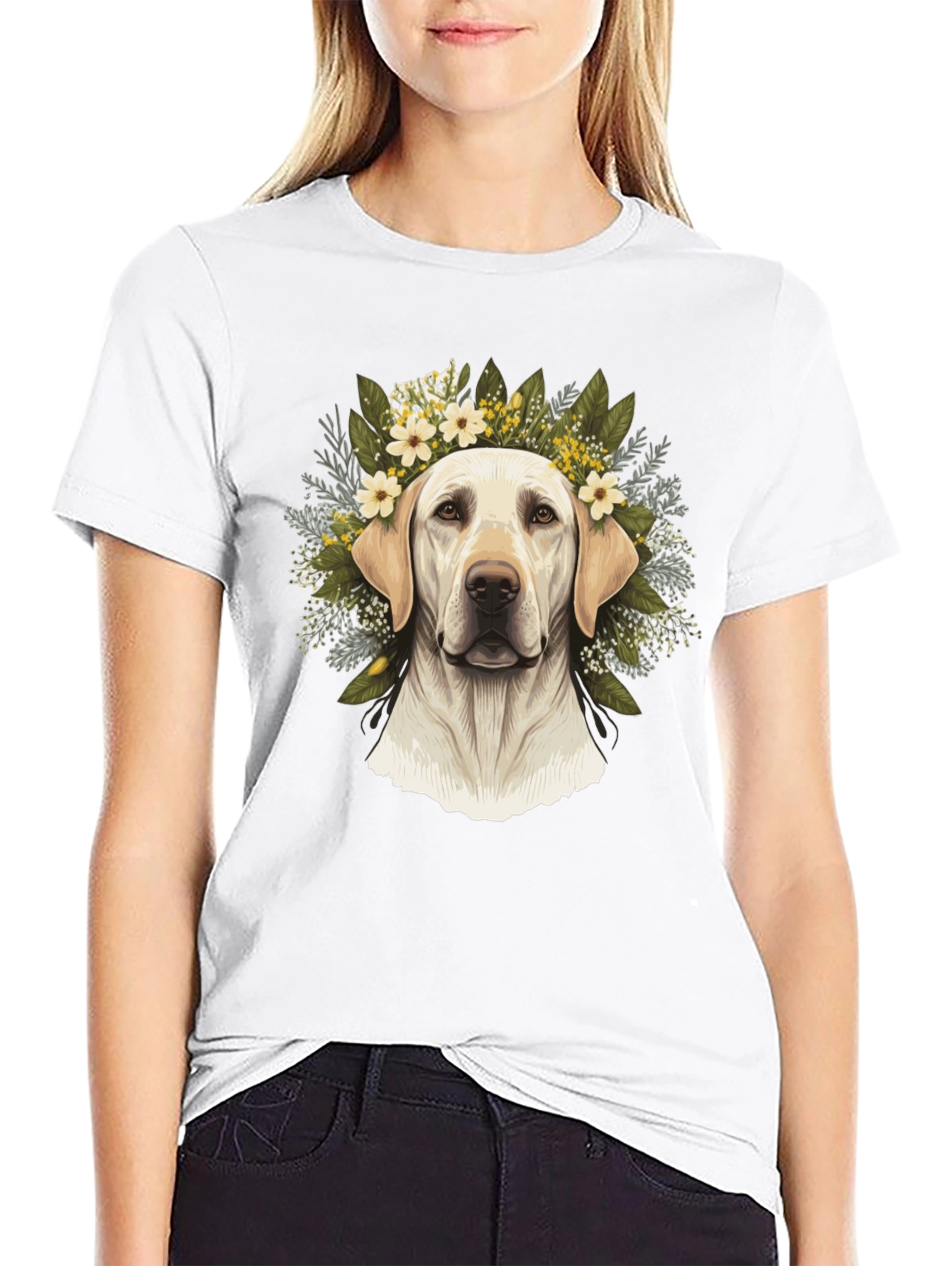 Dog With Floral Wreath Black T-Shirt