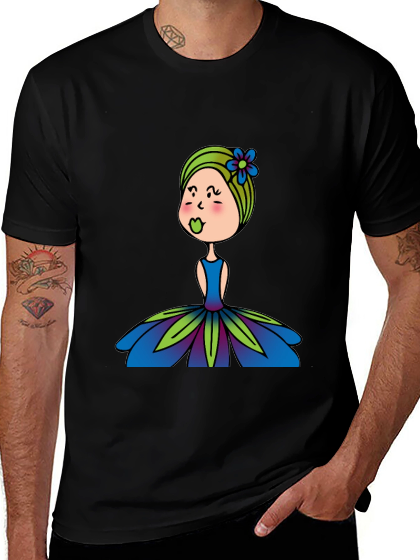 Cute Girl Flower Dress Graphic Black T-Shirt