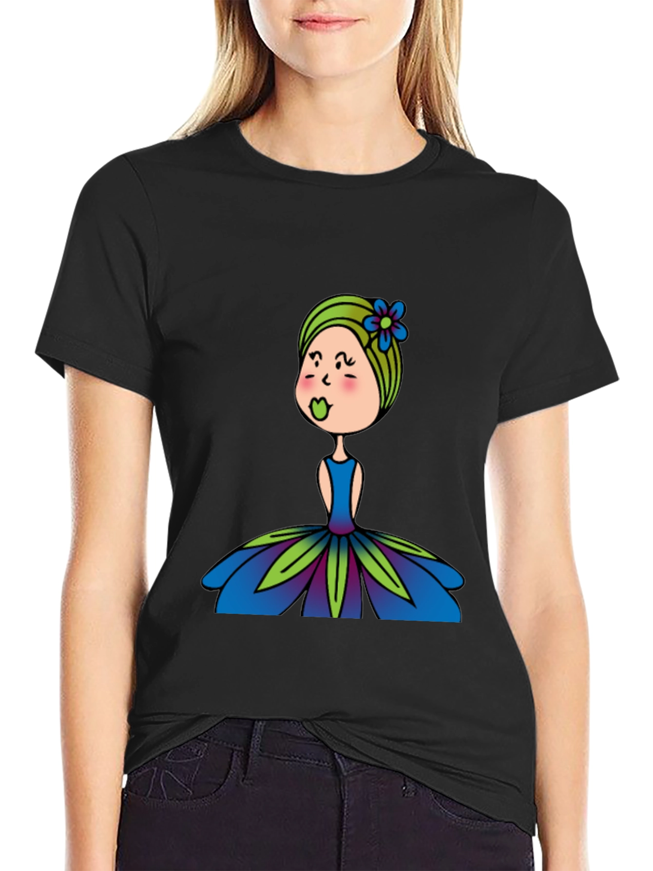 Cute Girl Flower Dress Graphic Black T-Shirt