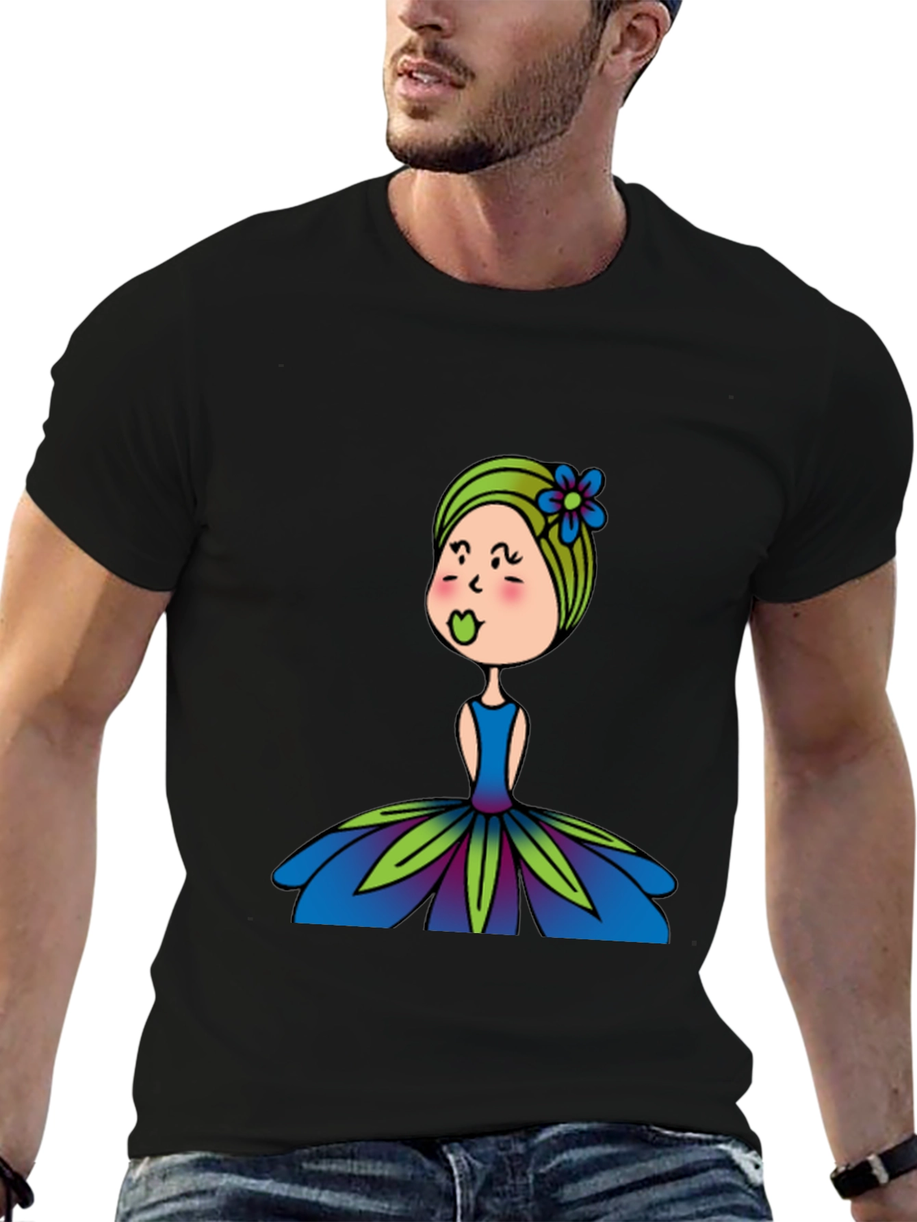 Cute Girl Flower Dress Graphic Black T-Shirt