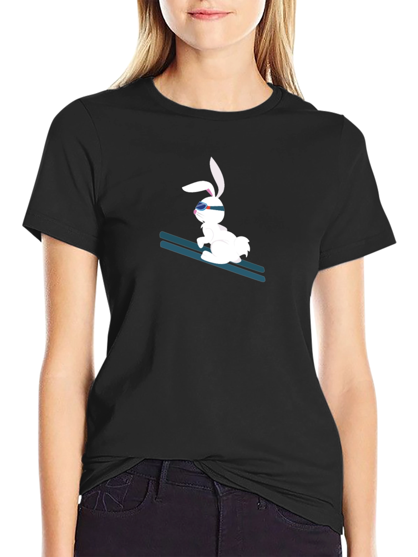 Skiing Bunny Black T-Shirt