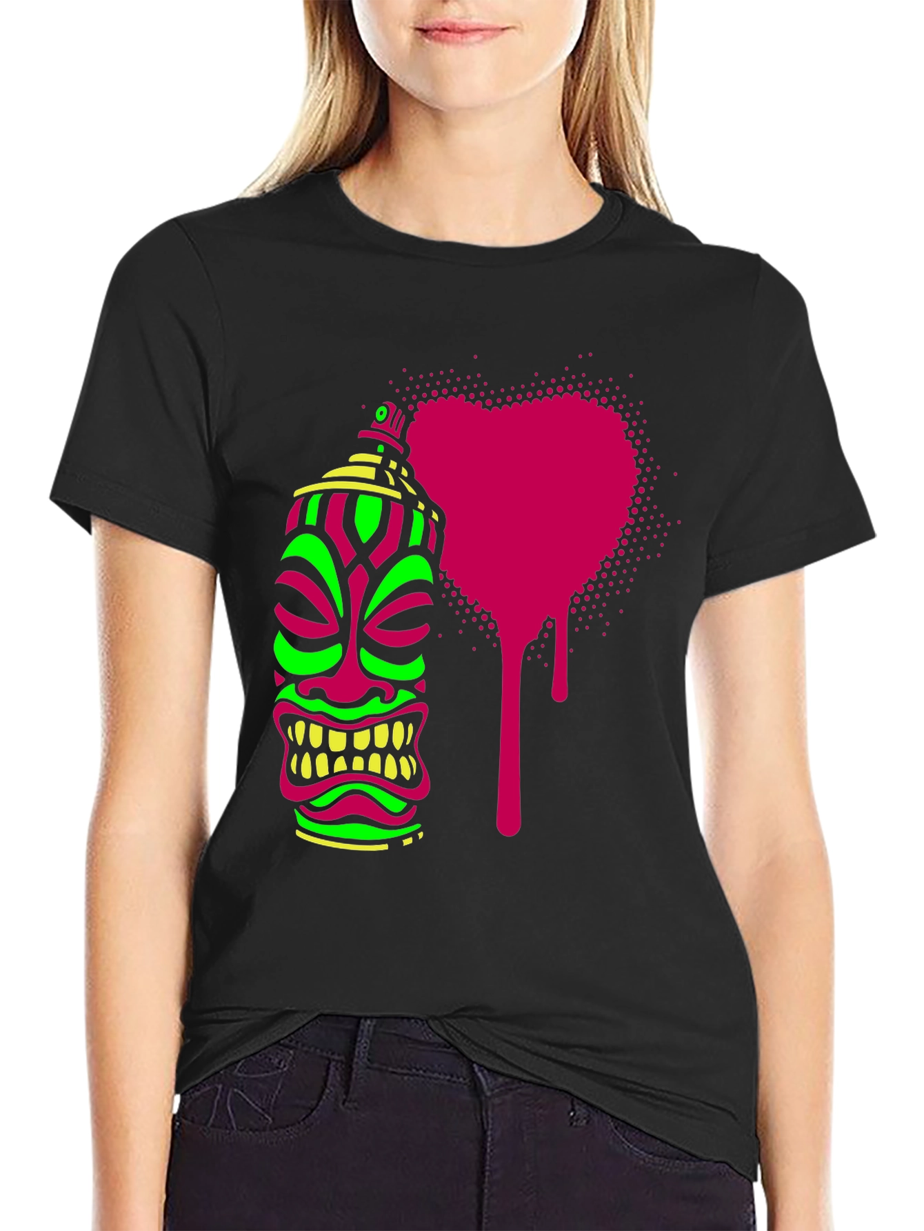 Neon Tiki Spray Paint Heart Mens Black T-Shirt
