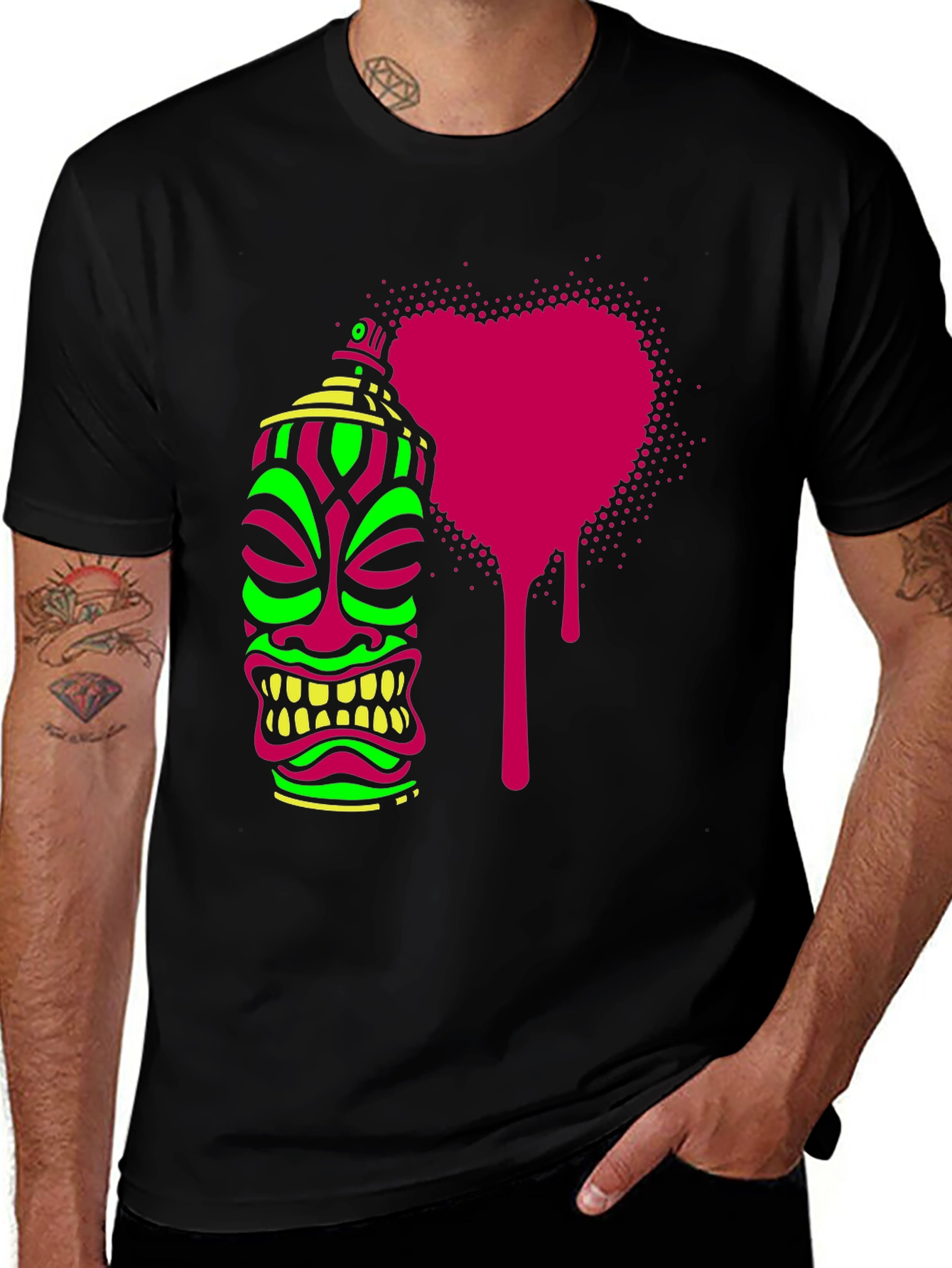Neon Tiki Spray Paint Heart Mens Black T-Shirt