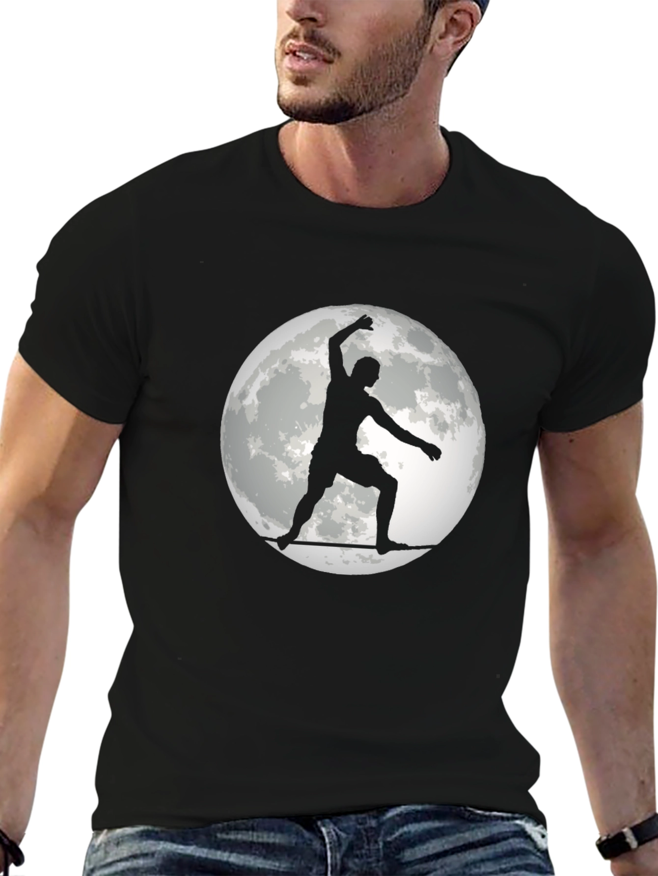 Surfer on the Moon Graphic Black T-Shirt