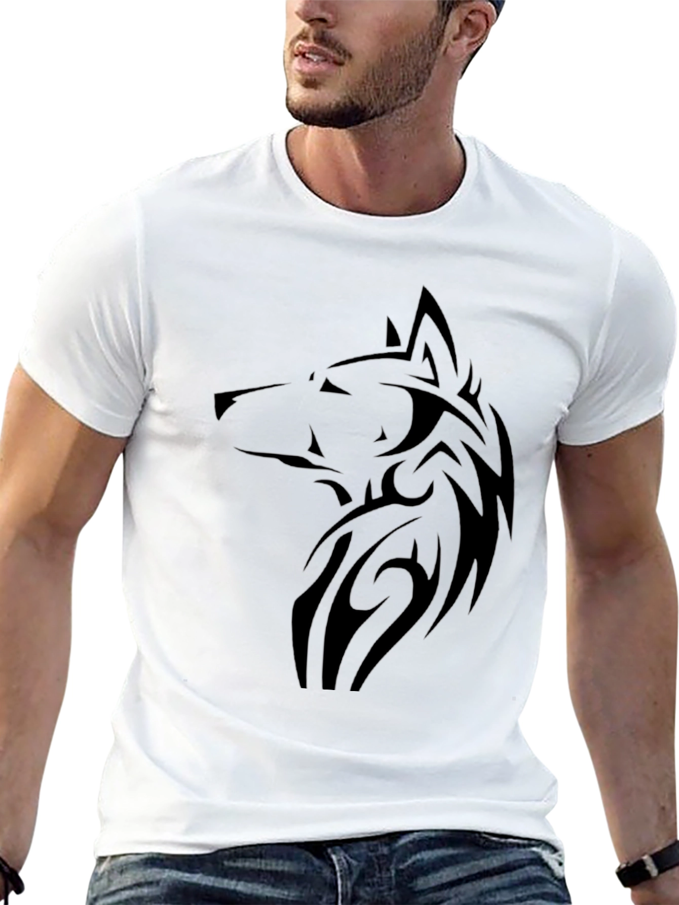 Mens Black Wolf Graphic Tee - Tribal Design
