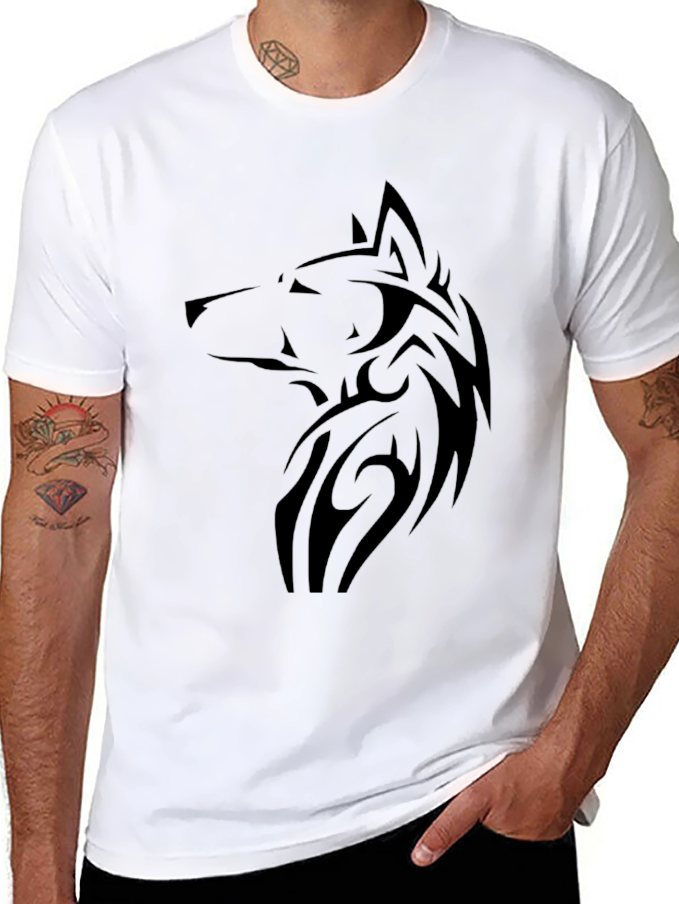 Mens Black Wolf Graphic Tee - Tribal Design