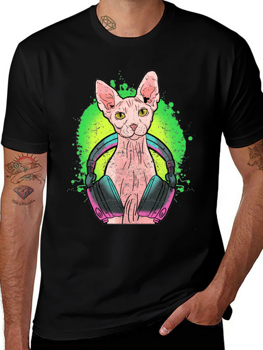 DJ Sphynx Cat Graphic Tee - Black Cotton T-Shirt