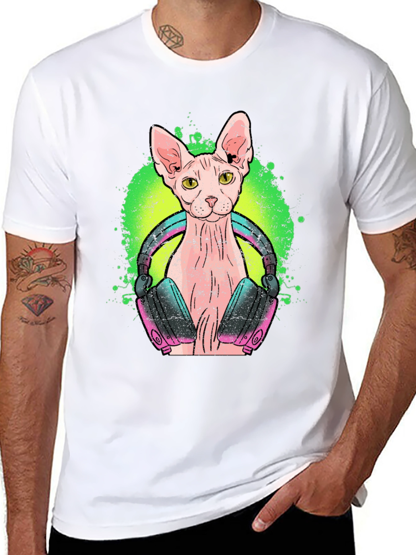 DJ Sphynx Cat Graphic Tee - Black Cotton T-Shirt