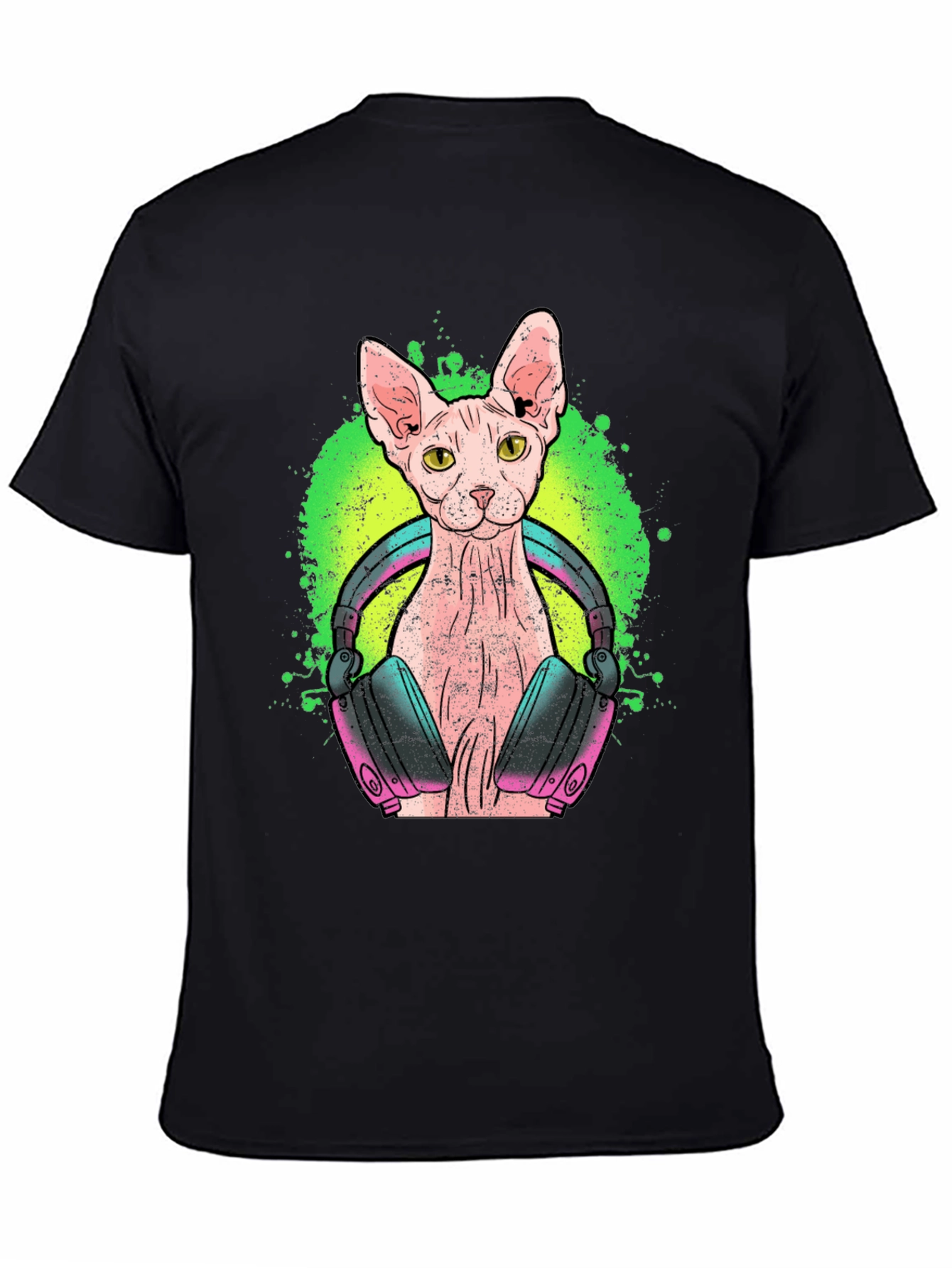 DJ Sphynx Cat Graphic Tee - Black Cotton T-Shirt