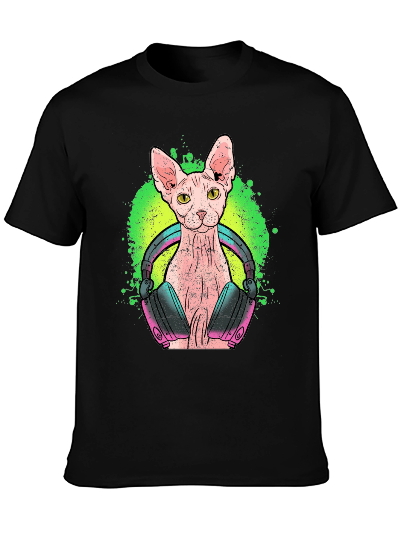 DJ Sphynx Cat Graphic Tee - Black Cotton T-Shirt