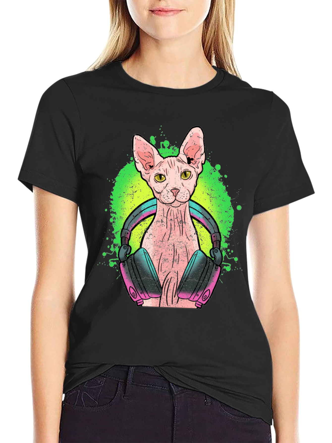 DJ Sphynx Cat Graphic Tee - Black Cotton T-Shirt