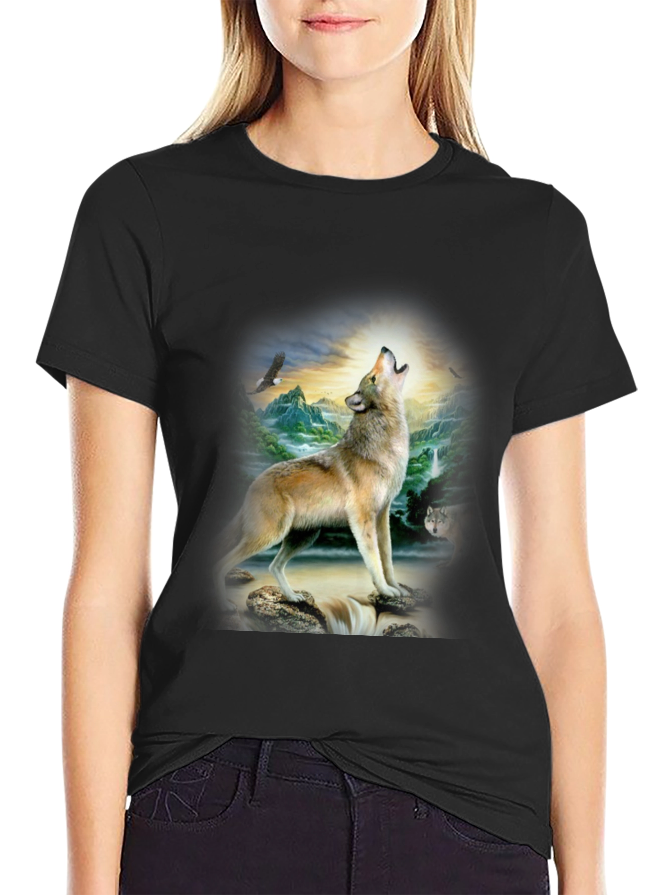 Wolf Print Graphic Tee - Mens Black T-Shirt