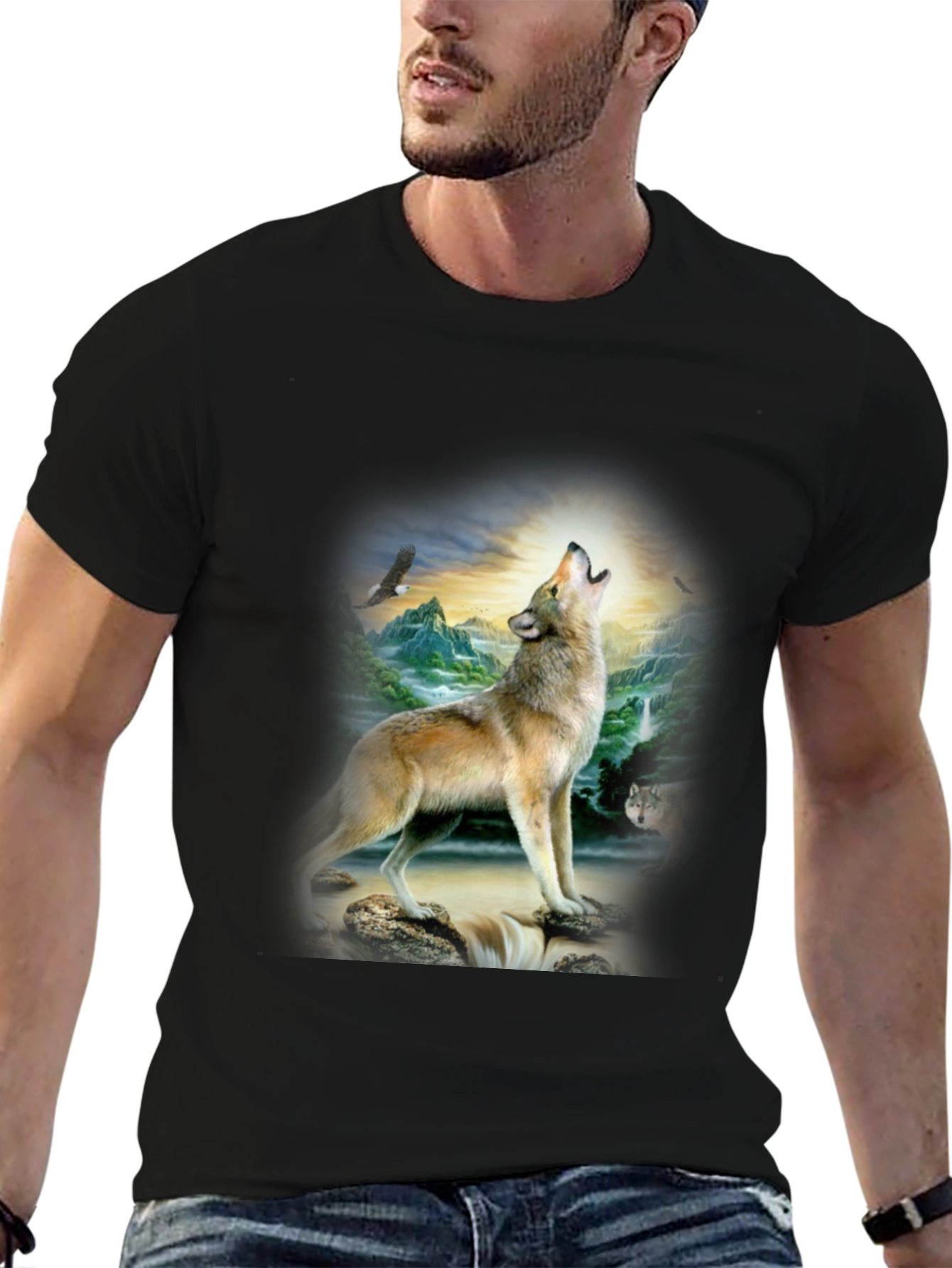 Wolf Print Graphic Tee - Mens Black T-Shirt