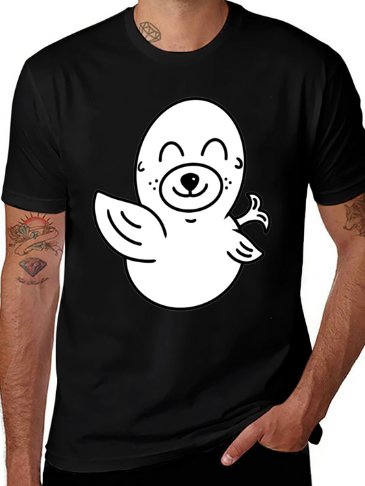 Cute Cartoon Seal Graphic T-Shirt - Black