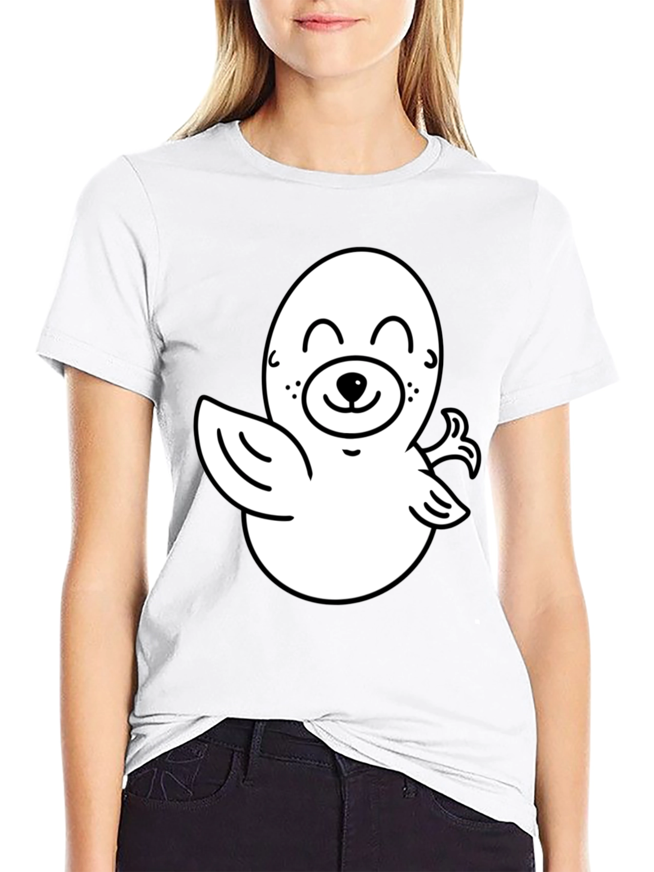 Cute Cartoon Seal Graphic T-Shirt - Black