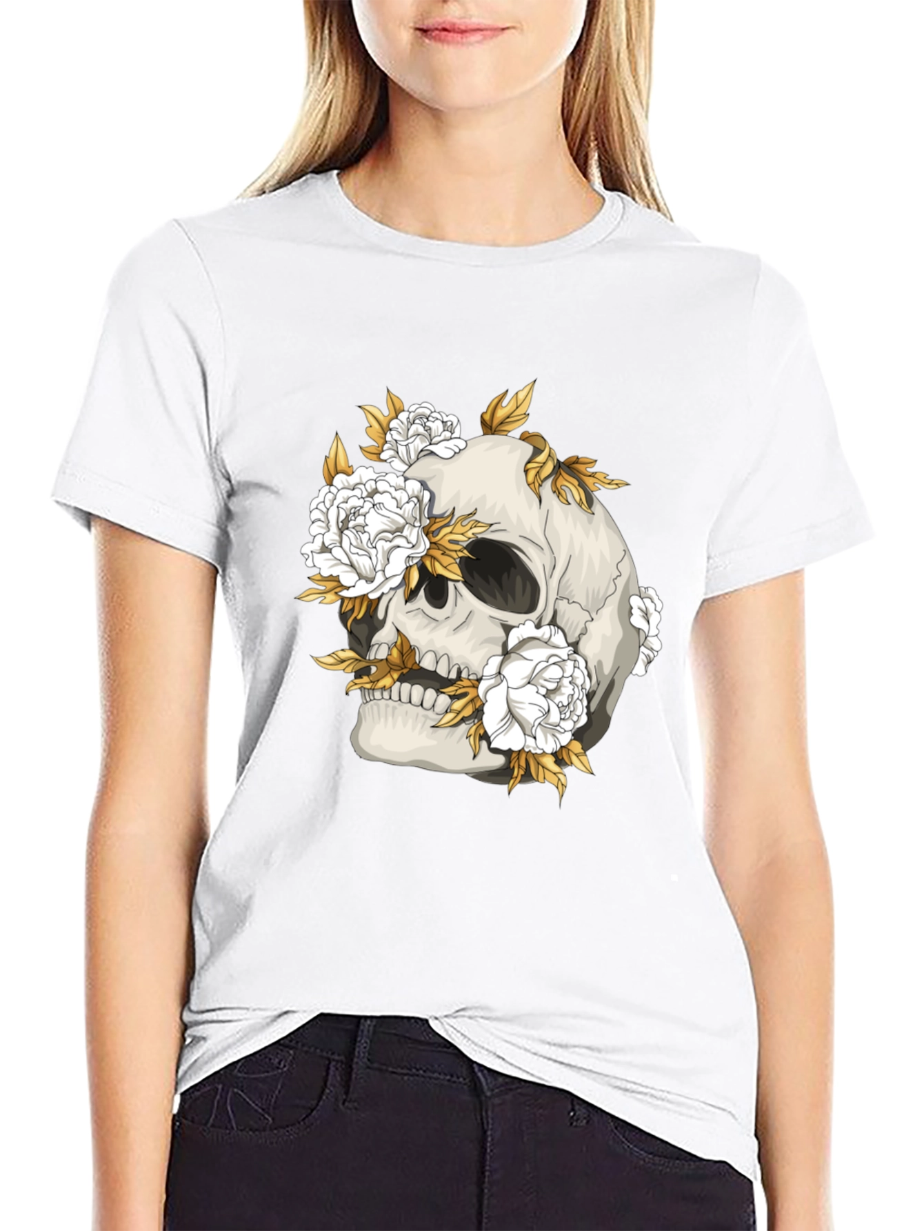 Skull & Floral Graphic Print Black T-Shirt