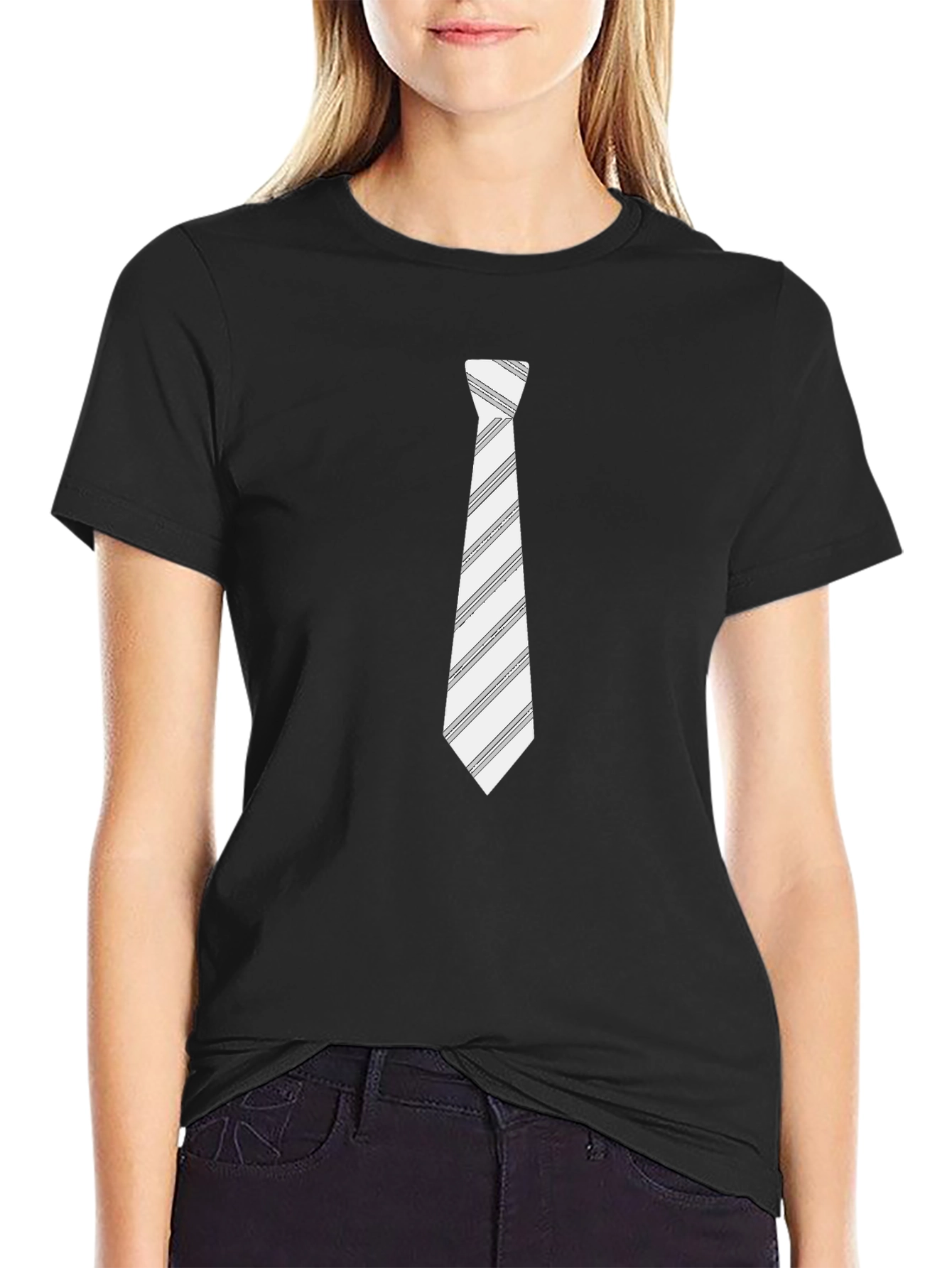 Black T-Shirt with Striped Tie Print