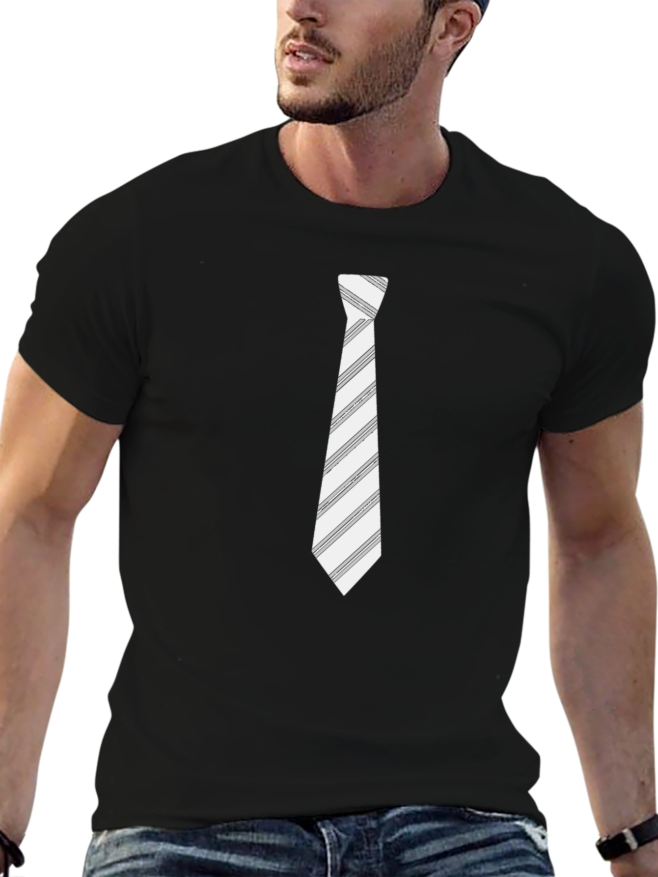 Black T-Shirt with Striped Tie Print