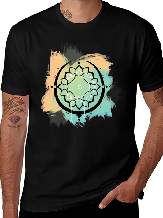 Geometric Mandala Graphic Print Mens Black T-Shirt