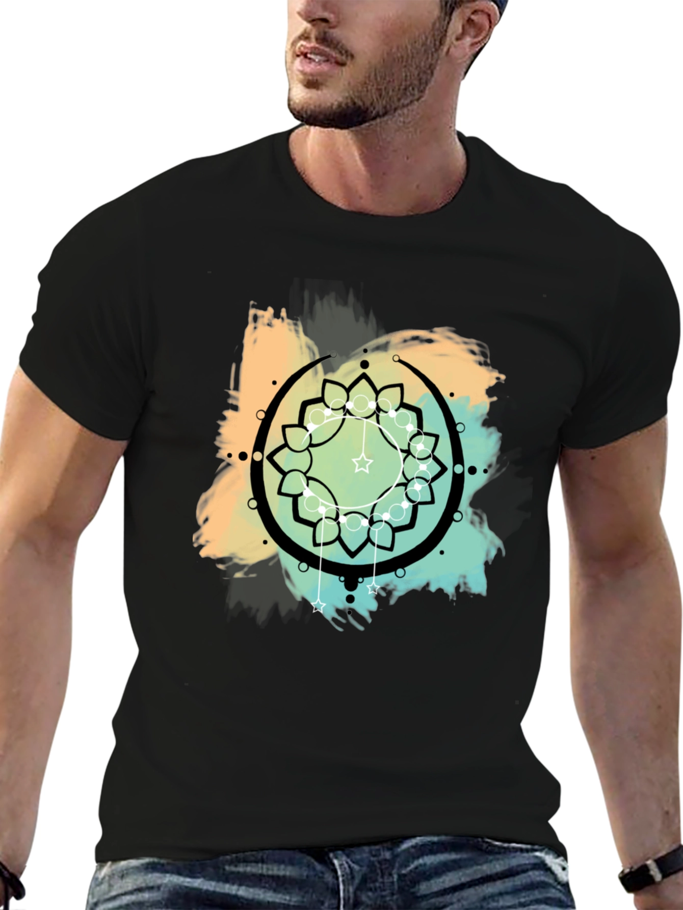Geometric Mandala Graphic Print Mens Black T-Shirt