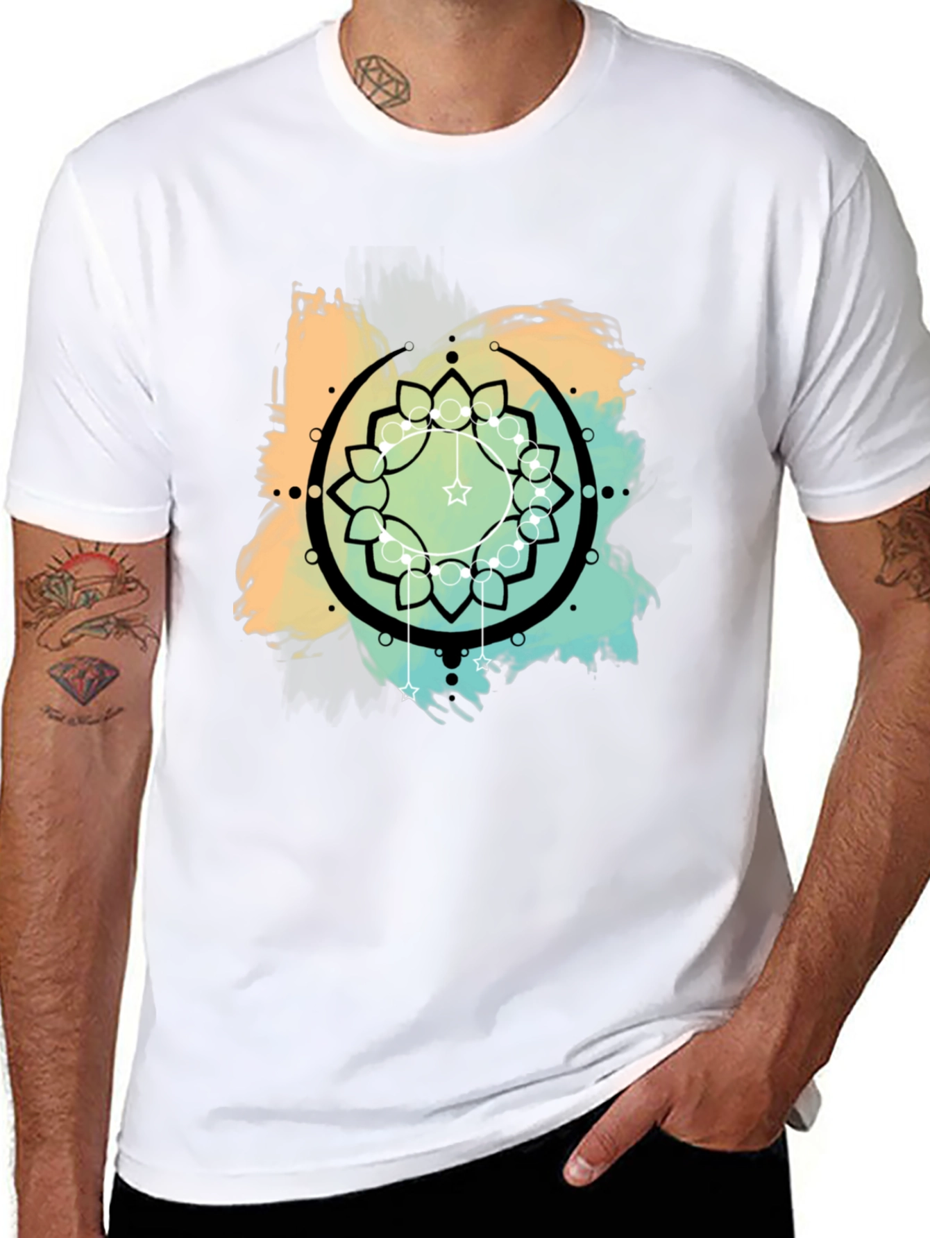Geometric Mandala Graphic Print Mens Black T-Shirt