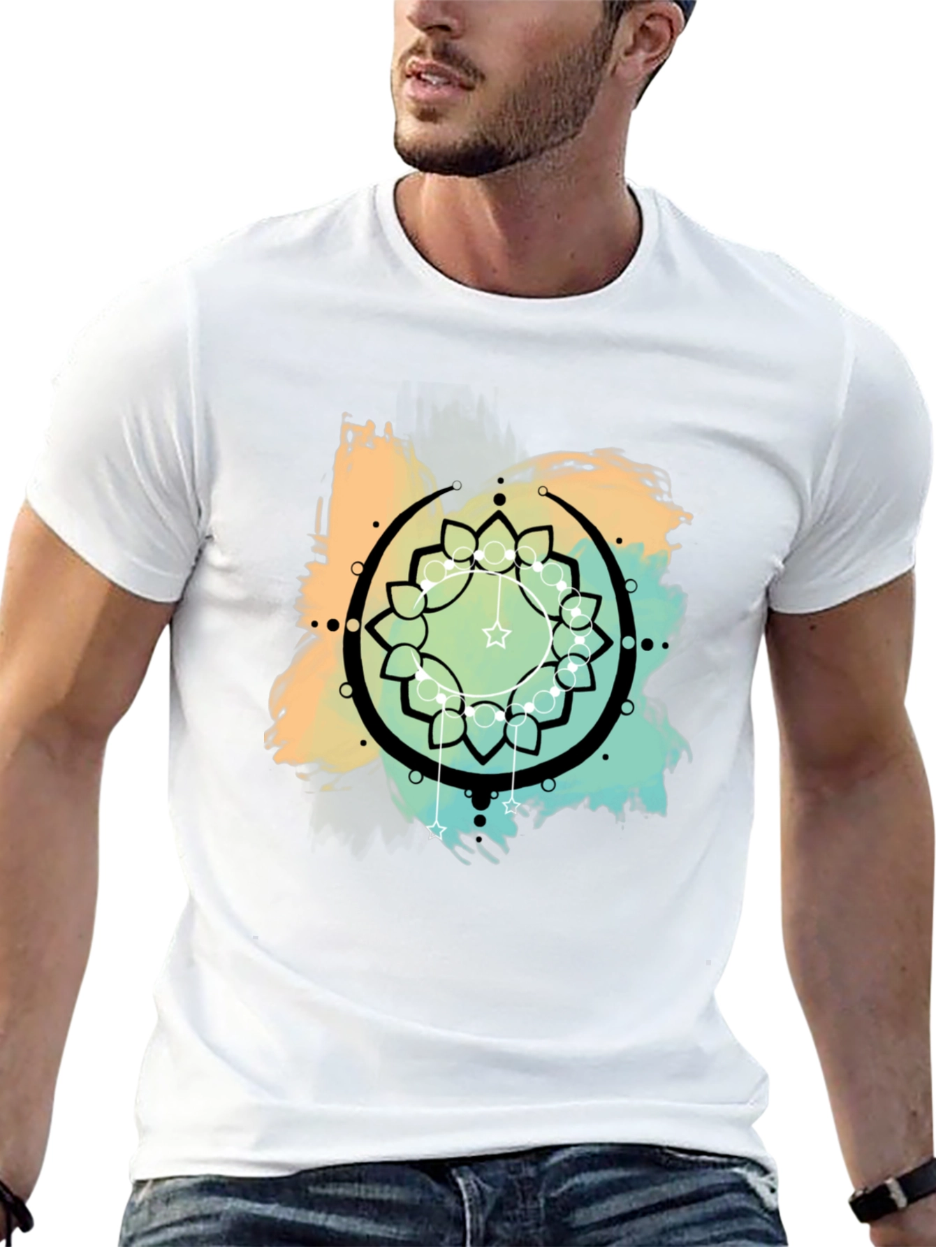 Geometric Mandala Graphic Print Mens Black T-Shirt