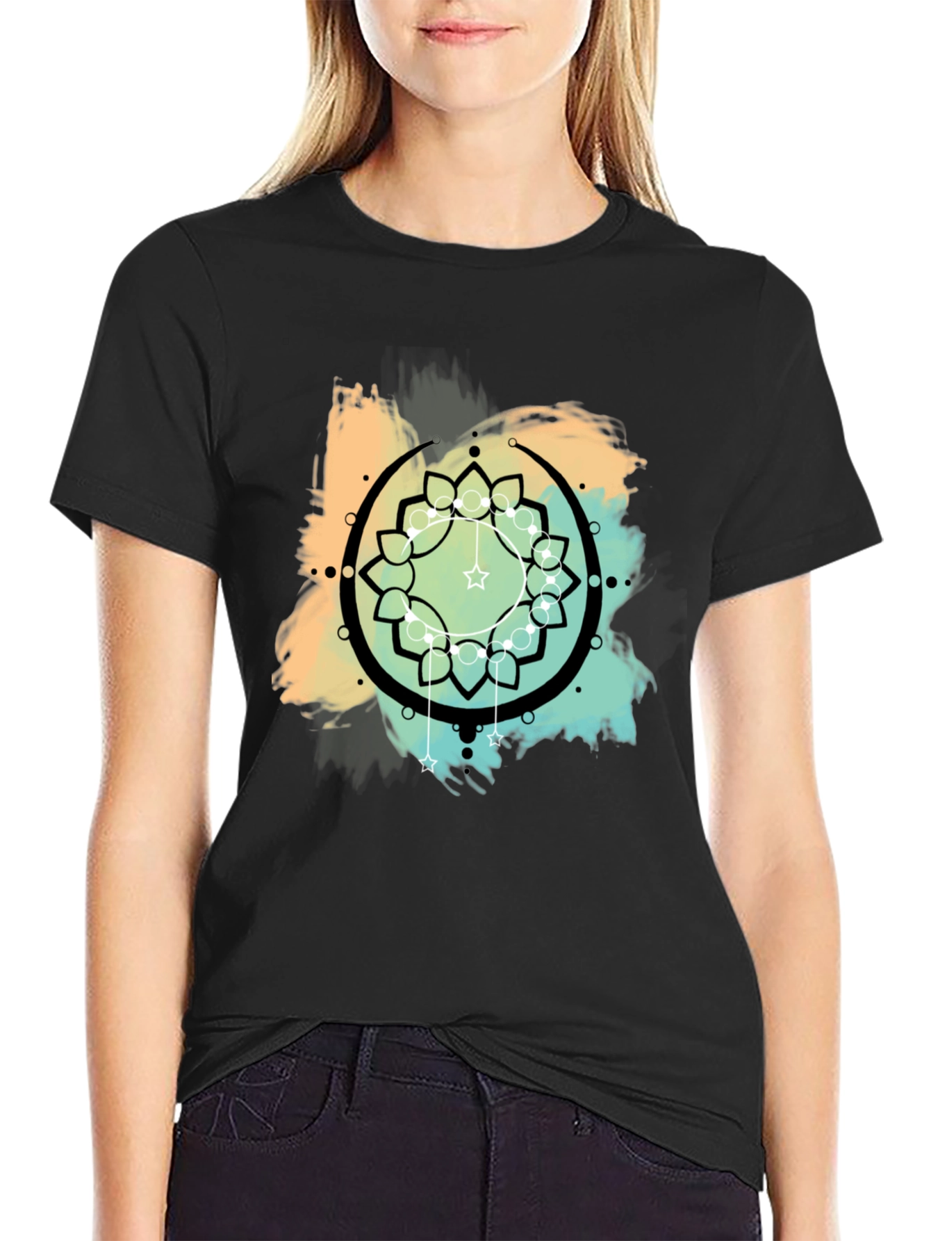 Geometric Mandala Graphic Print Mens Black T-Shirt