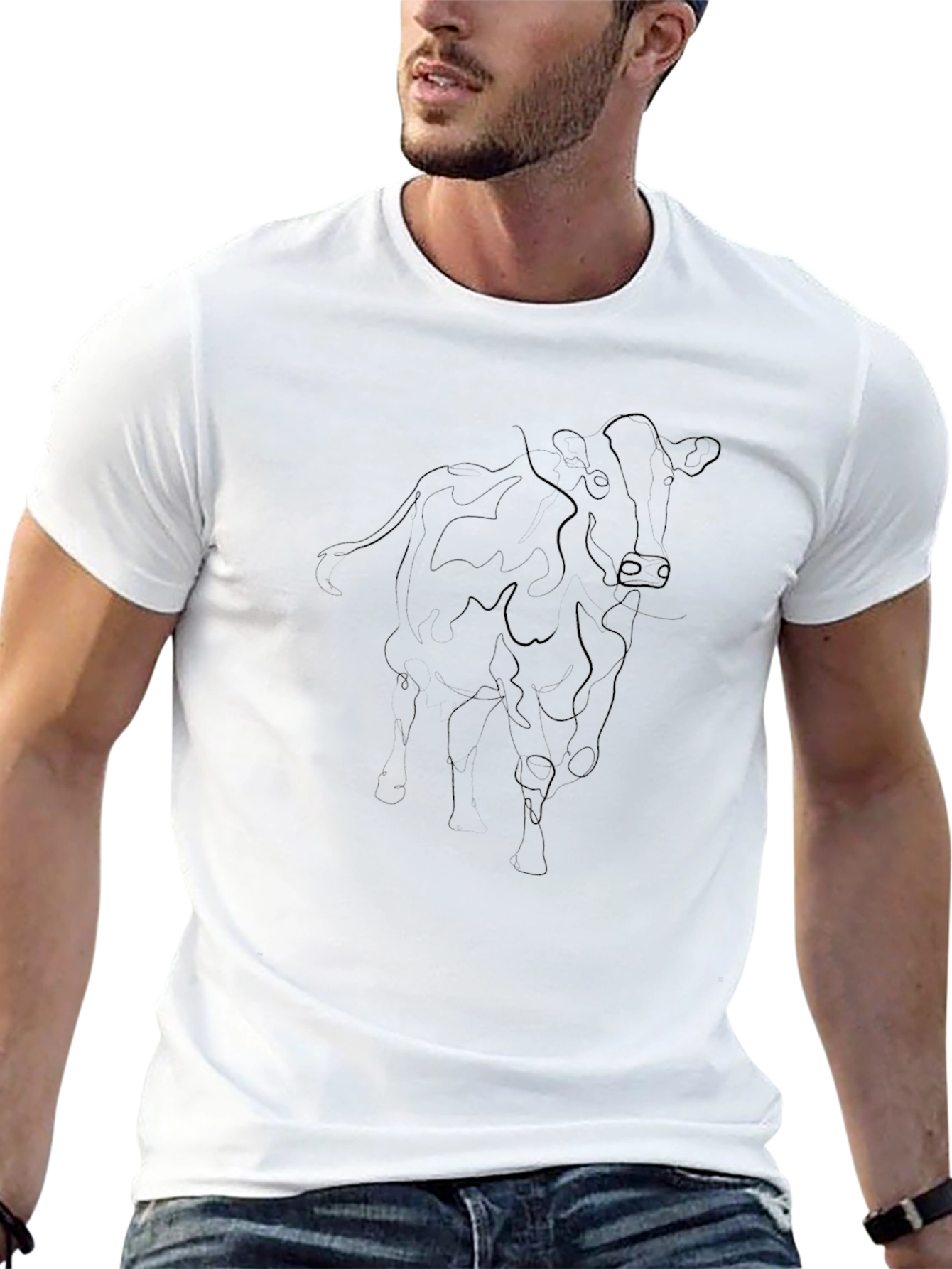 Mens Black Cow Line Art Graphic T-Shirt
